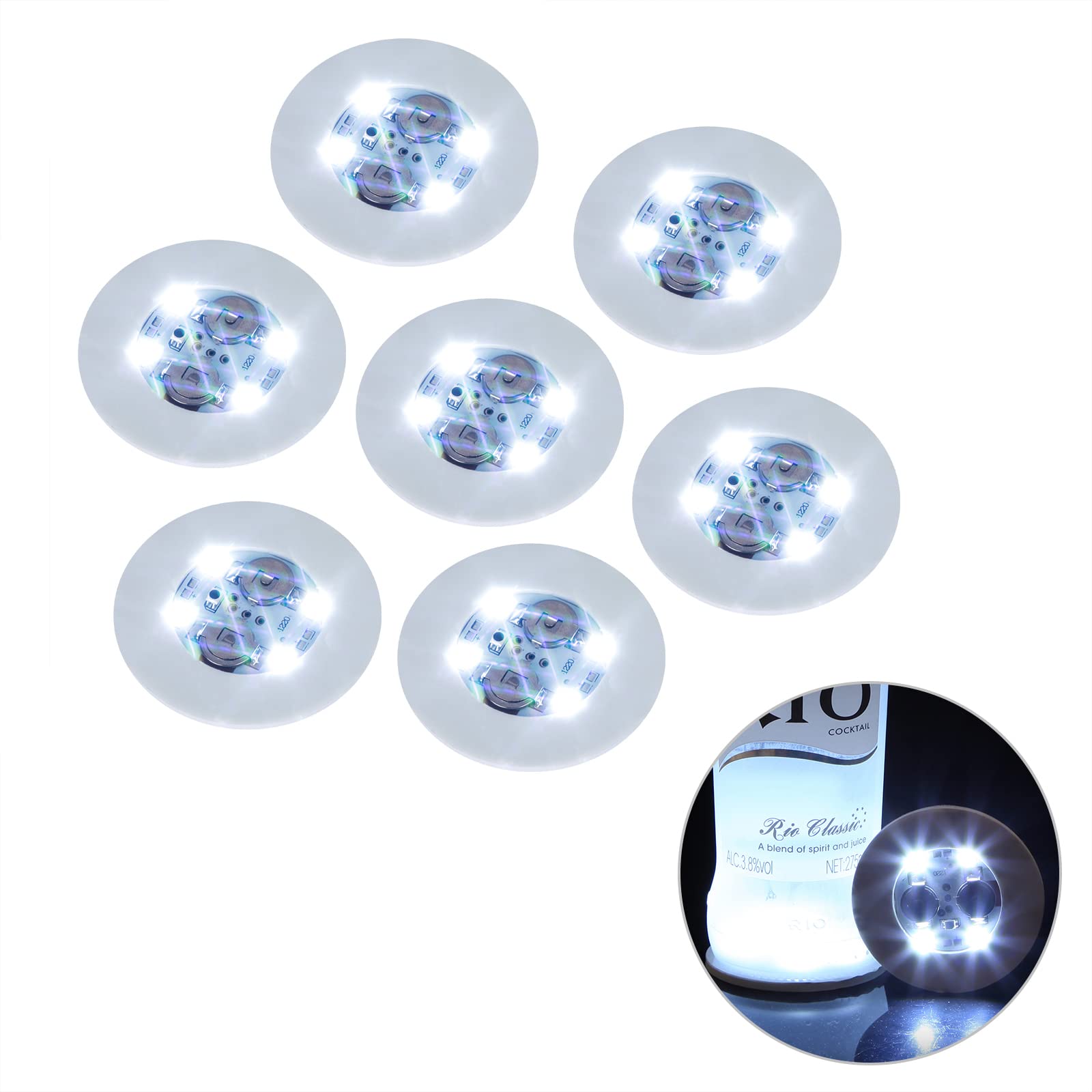LED Bar Coasters with Bottle Lights - 5 Color Options for Wine & Liquor Bottles - Cool White LED Stickers for Nightclubs, Weddings & Party Decor - Waterproof & Reusable Bar Accessories