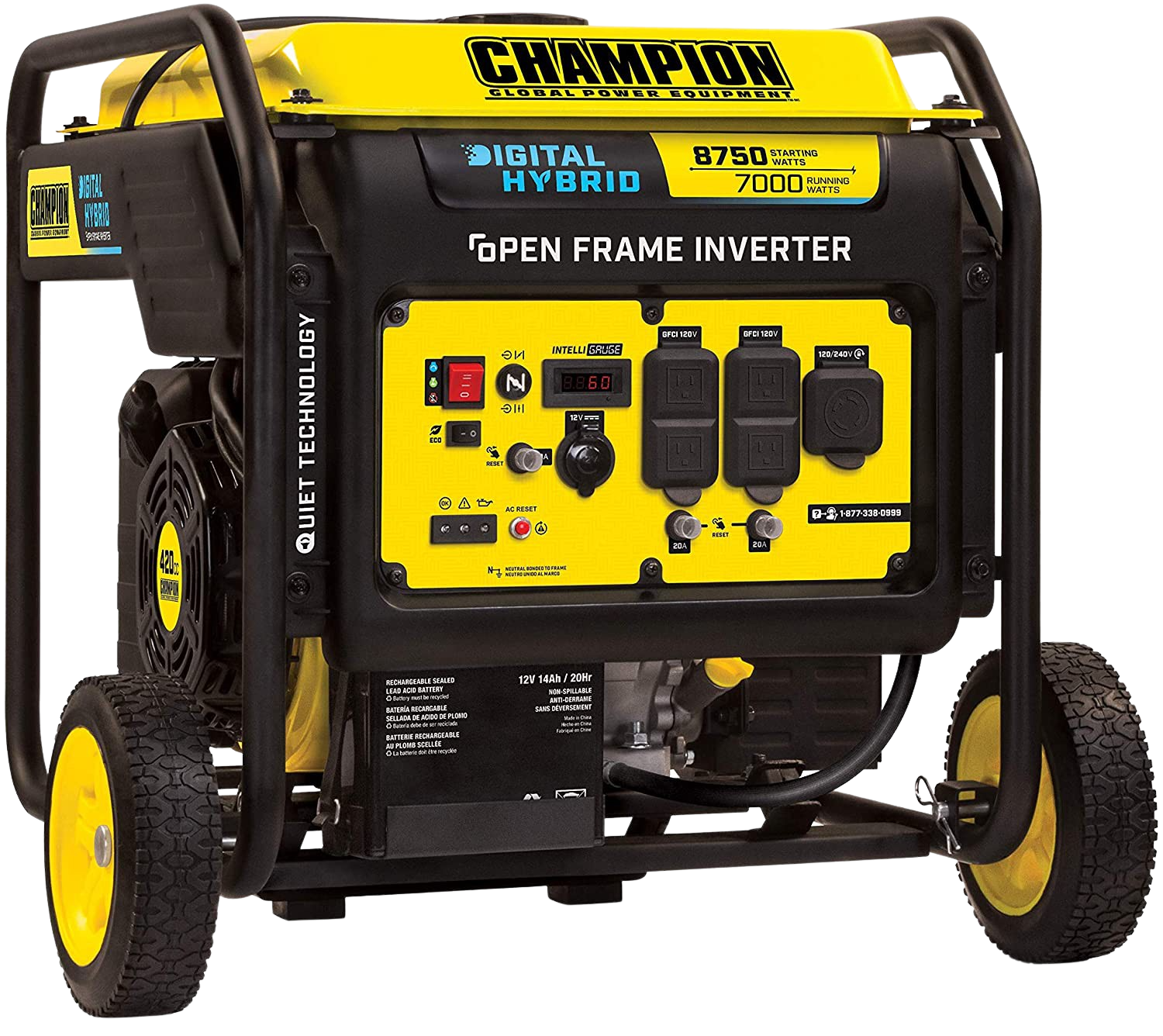 Champion 8750W Open Frame Hybrid Inverter Generator with Electric Start - Portable Power for Camping, RV Trips & Emergency Backup