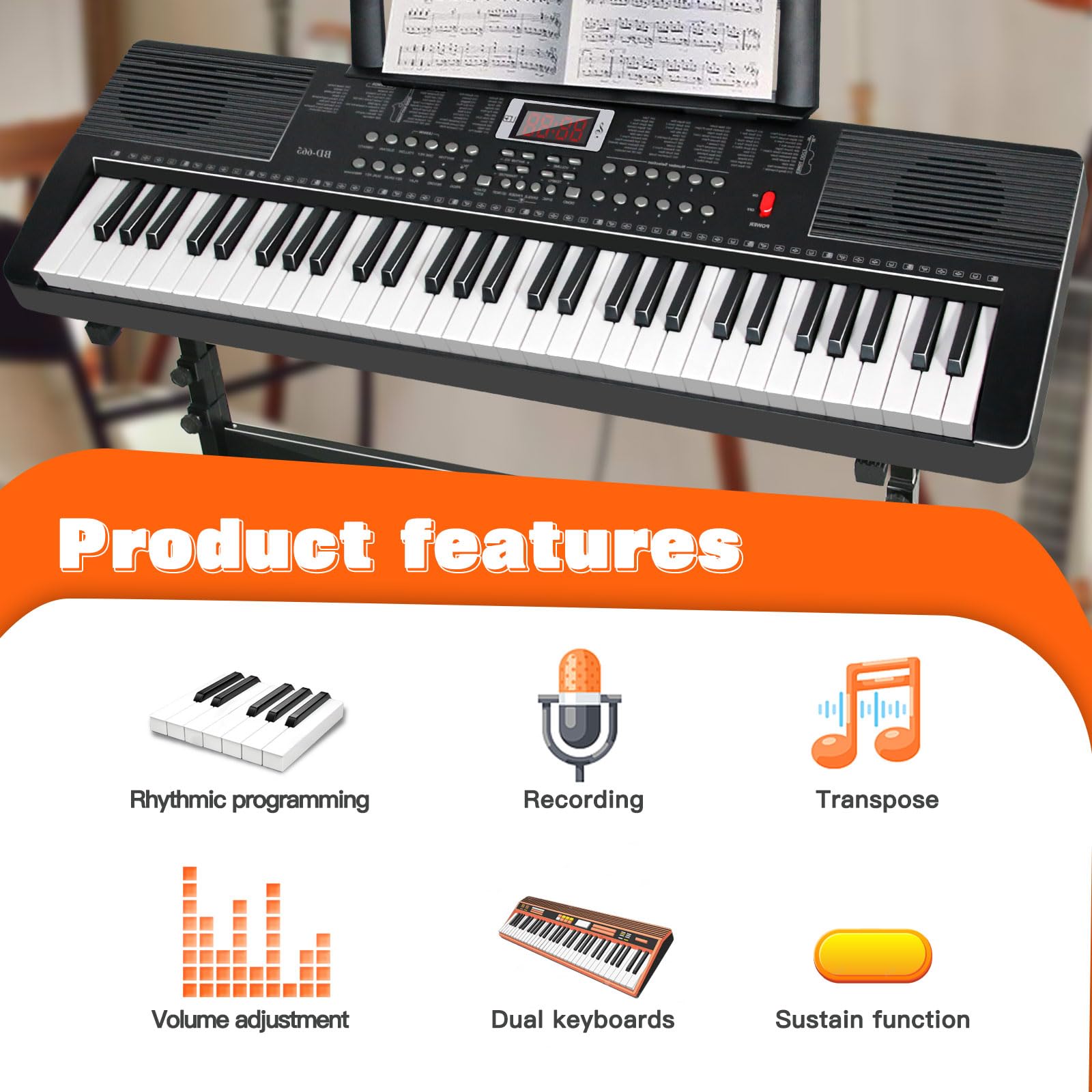 AQNIEGEP 61-Key Electric Keyboard Piano with Light-Up Keys - Full Set Includes Stand, Bench, Headphones & More - Perfect for Beginners & Adults - 70 Demos, 200 Rhythms/Tones, LED Display - Ideal for Home Practice, Music Lessons & Live Performances