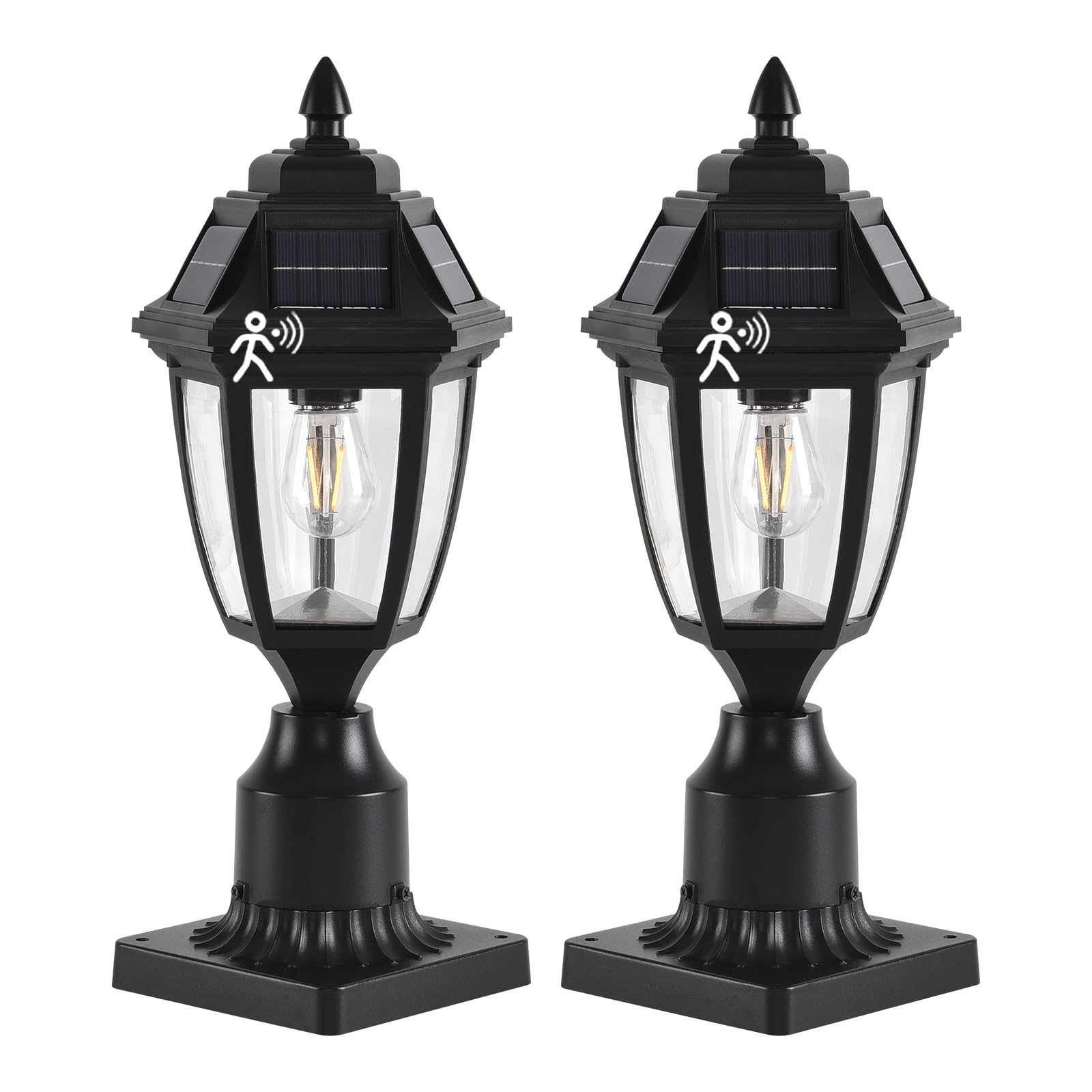 Solar Powered Outdoor Post Lights 2 Pack - Black Dusk to Dawn Column Lights with Pier Mount Base | Waterproof LED Pathway Lighting for Porch, Yard, Driveway, Garden & Landscape Decoration