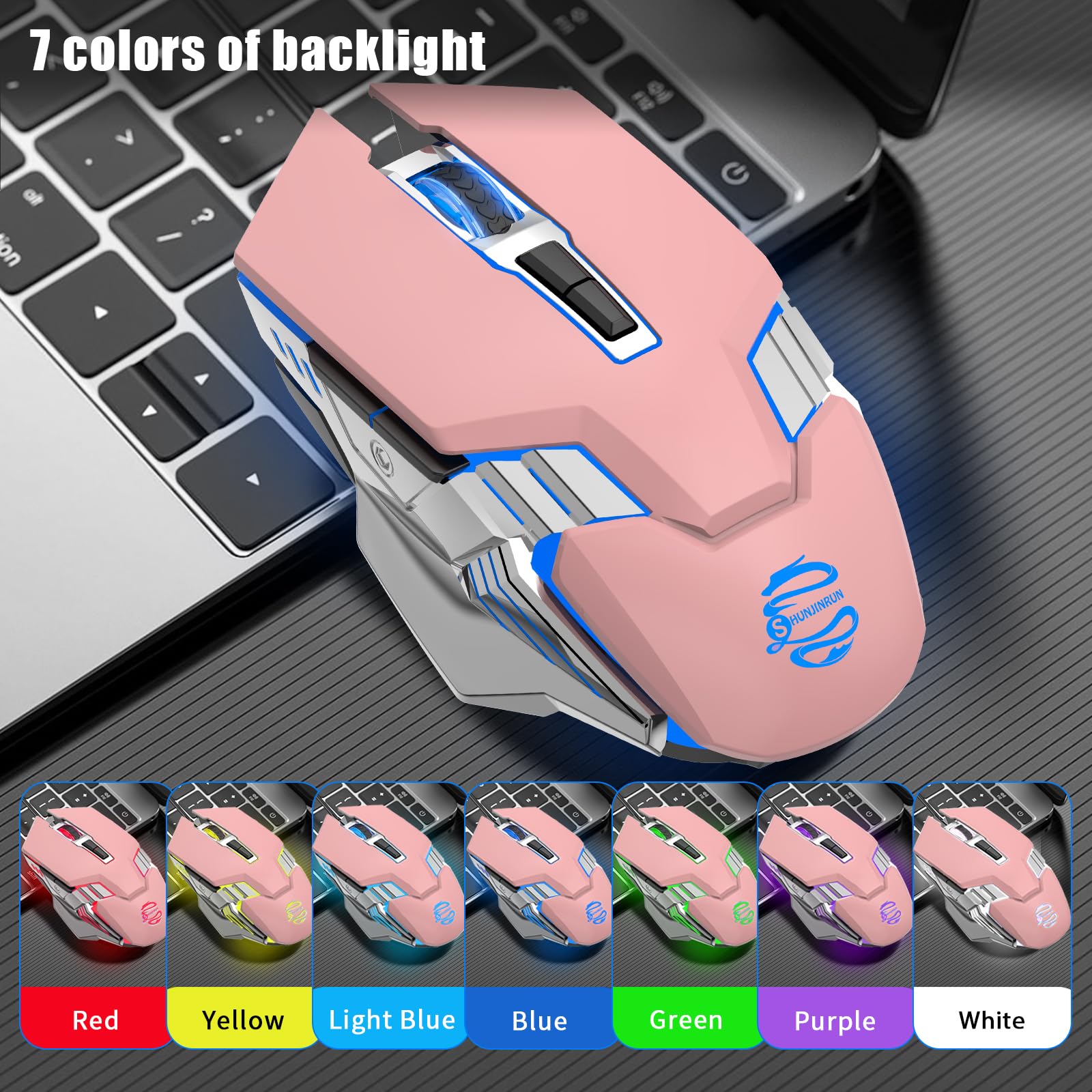 Bluetooth Wireless Mouse - Silent Rechargeable Multi-Device Mouse with RGB Lighting, BT5.0/3.0 & USB Connectivity for PC, Mac, MacBook Air/Pro, iPad - Perfect for Office Work, Gaming & Tablet Use (Pink)