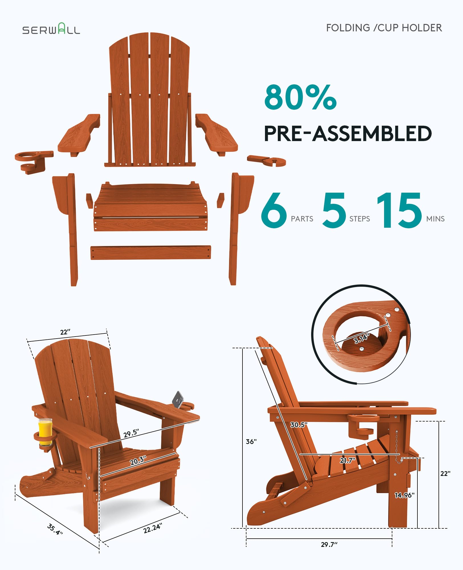 Premium SERWALL Adirondack Chair with Cup Holders - Durable HDPE Composite Outdoor Patio Furniture - All-Weather Resistant - Orange - Perfect for Backyard, Garden, Poolside & Deck Relaxation