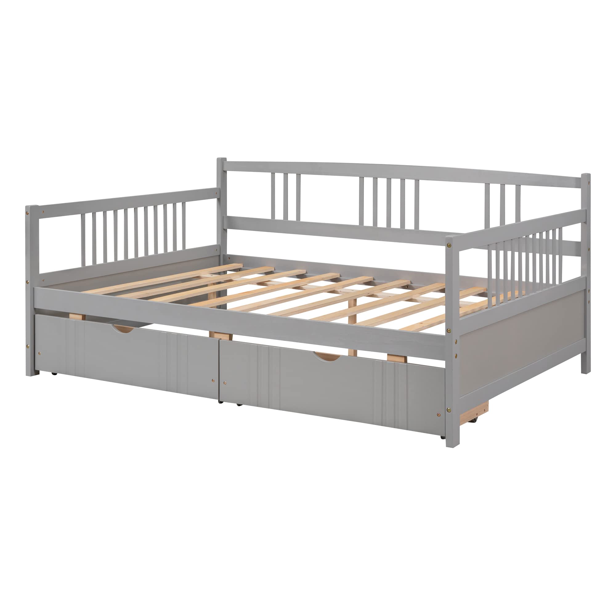 Full Size Wooden Daybed with 2 Storage Drawers & 10 Wooden Slats - No Box Spring Needed (Grey) | Perfect for Guest Rooms, Dorms & Small Spaces