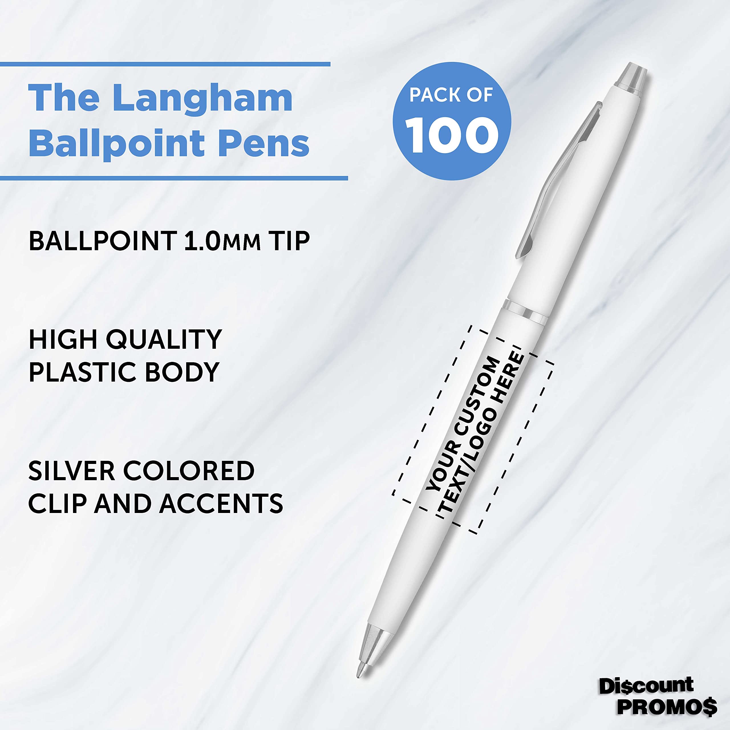 Custom Langham Ballpoint Ink Pen - Set of 100 Black Ink Writing Pens for Office Work, Business Meetings & School Supplies - Premium White Pens for Smooth Writing & Professional Use