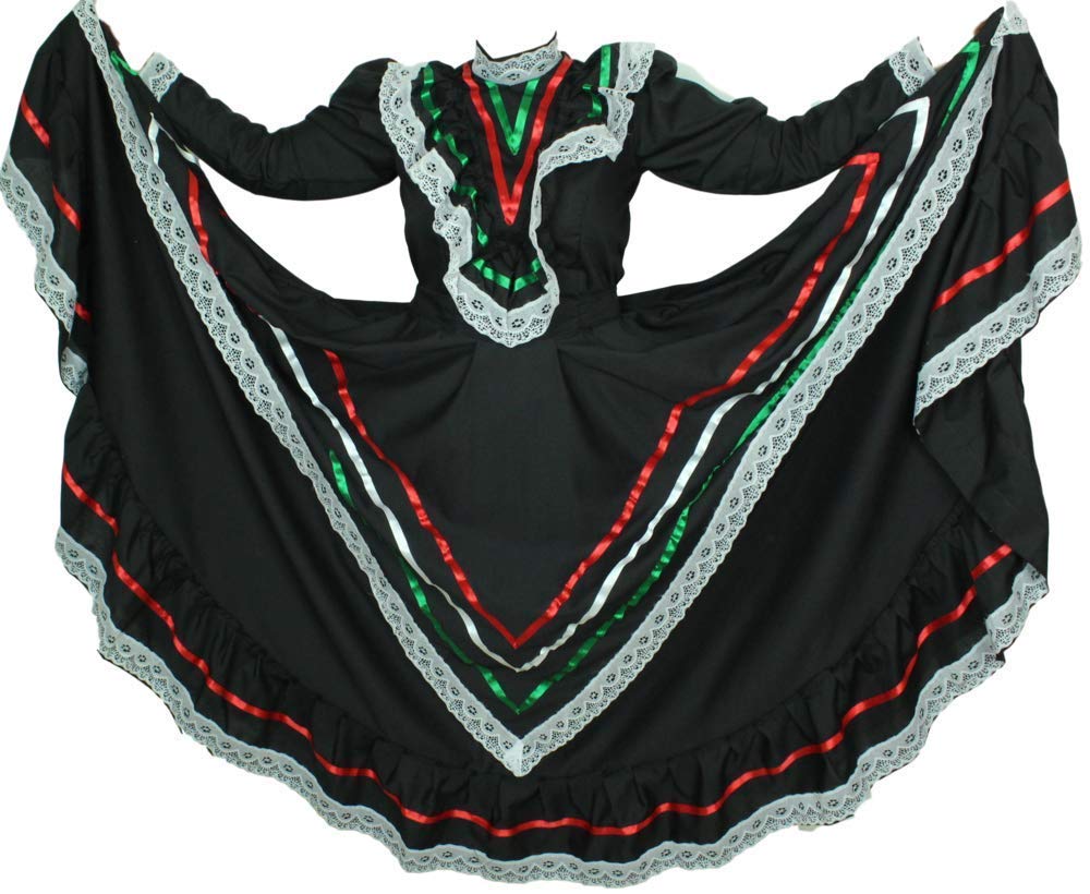 Authentic Mexican Jalisco Dress - Traditional Folklorico Costume for Women (Size L, Black) | Perfect for Cinco de Mayo, Fiesta, Dance Performances & Cultural Events