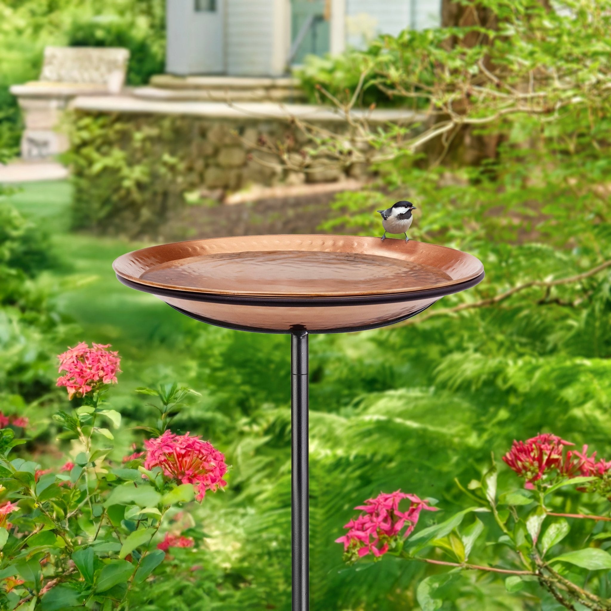 13.5” Copper Bird Bath with Garden Pole - Matte Finish Outdoor Decoration for Garden, Patio & Yard | Durable Weather-Resistant Birdbath for Attracting Wild Birds