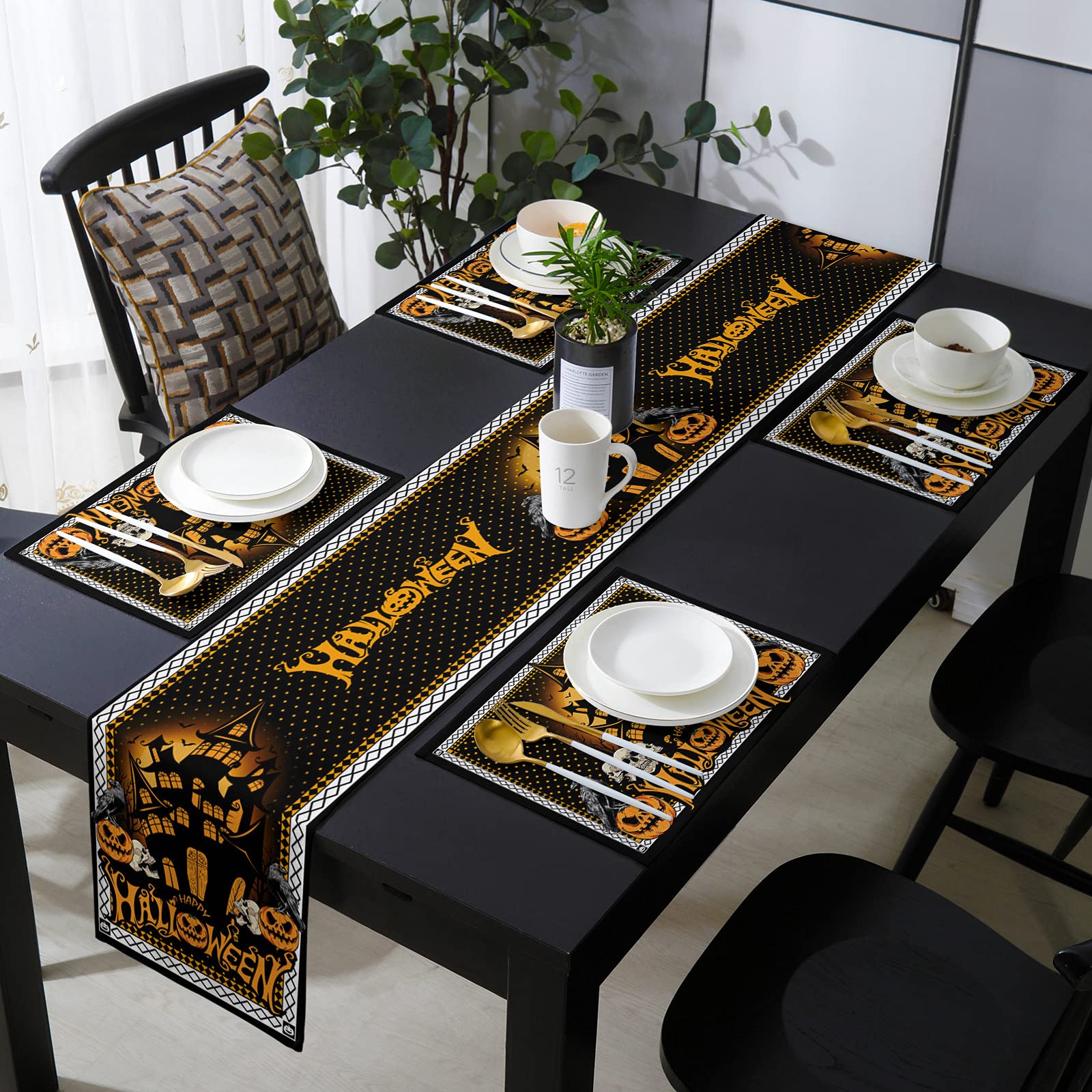 72 Inches Halloween Table Runner with 6 Placemats - Haunted House, Raven, Skulls, Wicked Pumpkins & Bats Design - Scary Halloween Table Decor Set for Holiday Dinner, Party, and Home Decoration