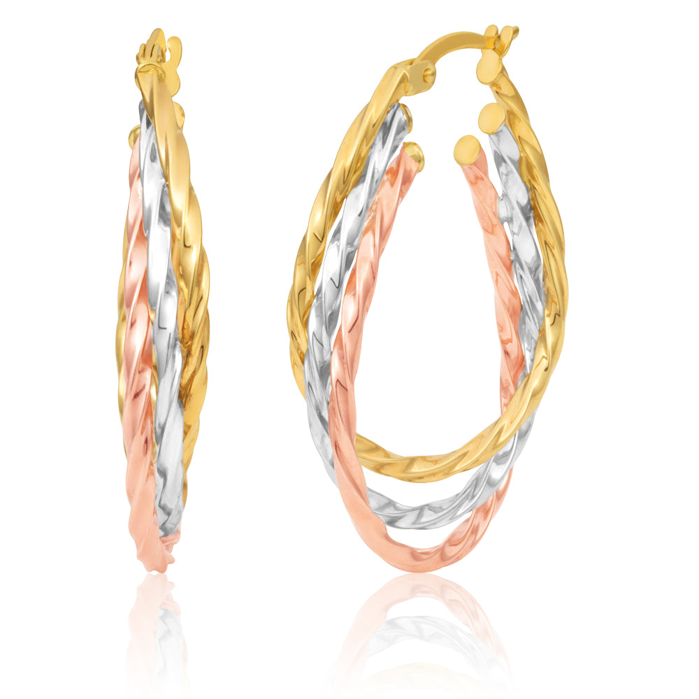 9ct Three-Tone Gold Hoop Earrings for Women - Classic Yellow, Rose & White Gold Small Hoops - Perfect for Everyday Wear, Parties & Gifts