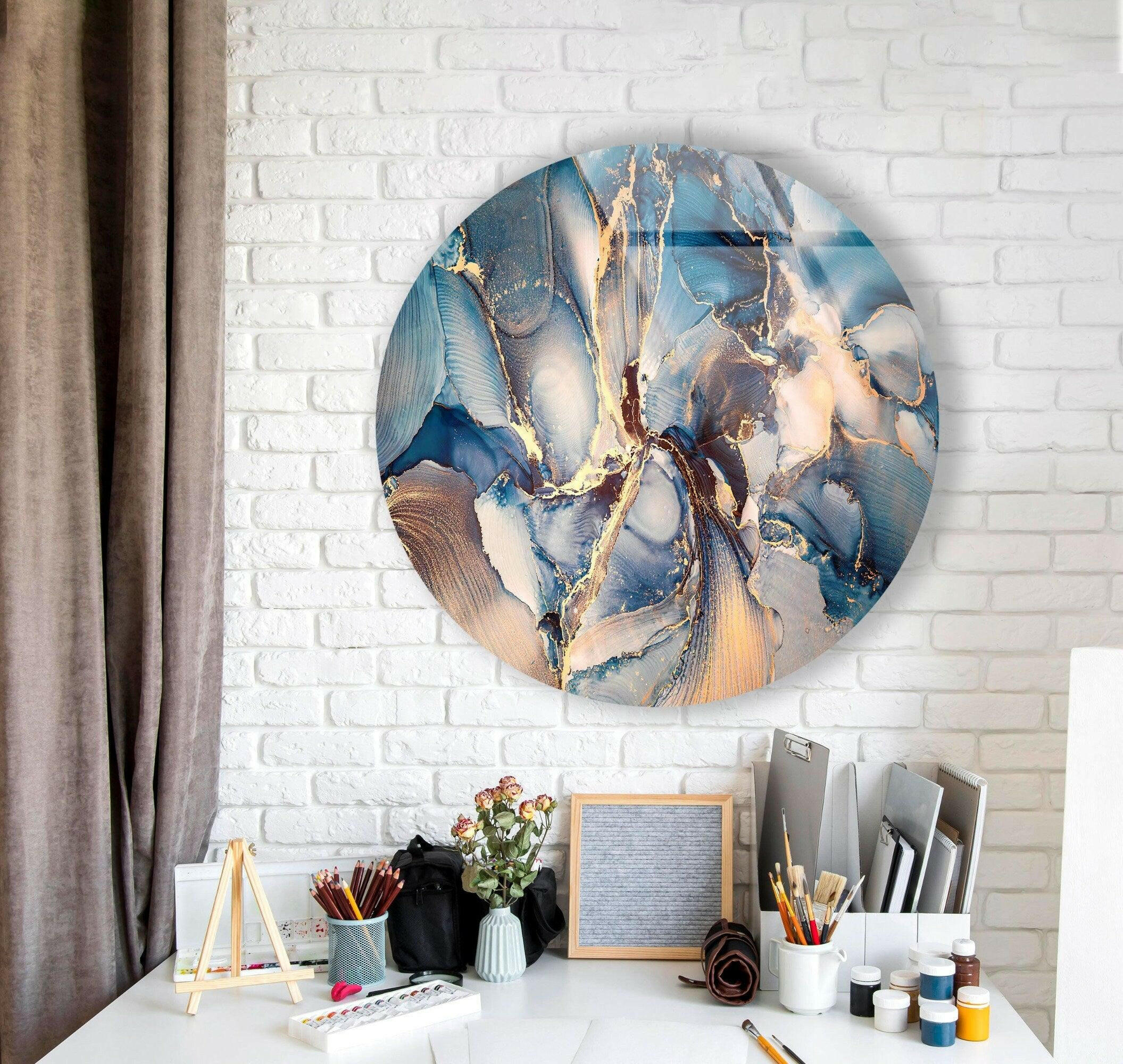 Blue Marble Pattern Round Glass Wall Art - Elegant Home Decor for Living Room, Bedroom & Office - Perfect for Modern & Contemporary Interior Design