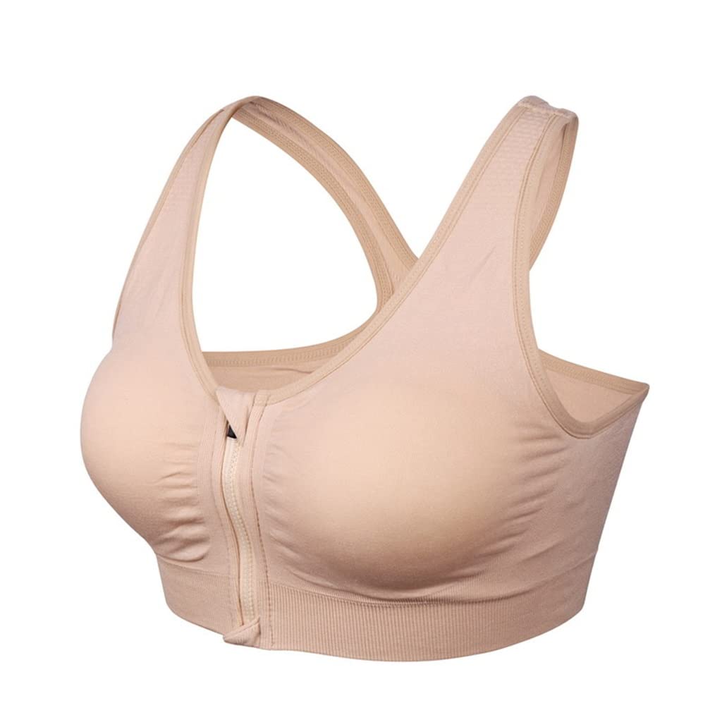 EKDSPW Women's Front Zipper Sports Bra - Breathable Wire-Free Padded Push Up Workout Top for Yoga, Gym & Fitness | Comfortable Flesh Color Size L | Perfect for Running, HIIT & Active Lifestyle
