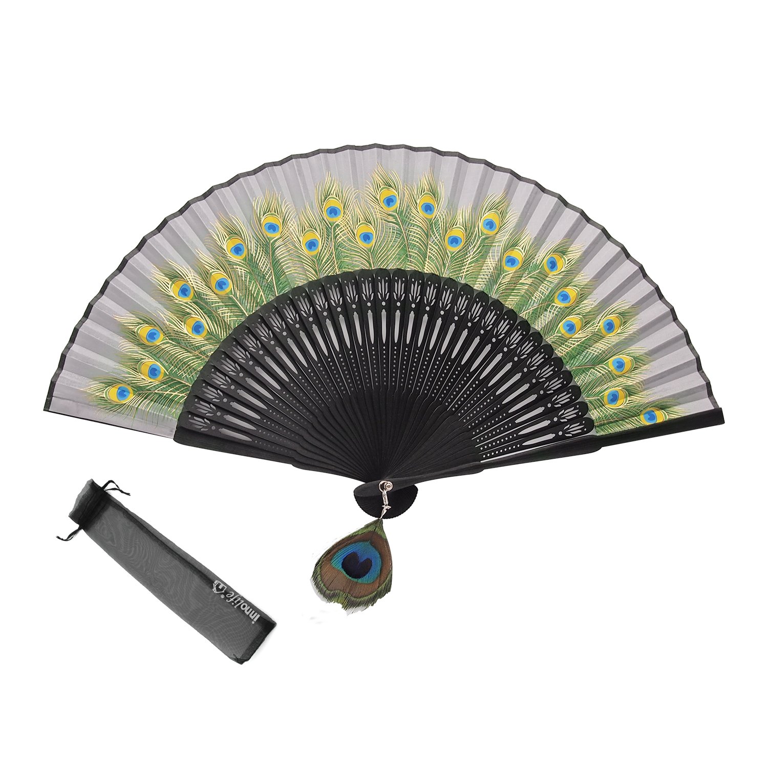 INNOLIFE Silk Peacock Hand Fan - Bamboo Frame for Home Decor & Gifts