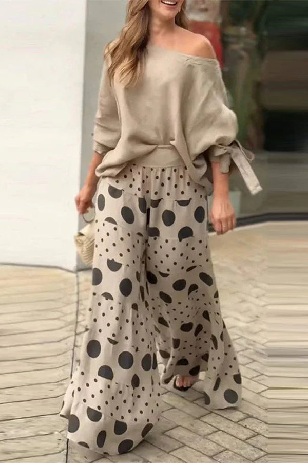 Stylish Tie Cuff Loose Top & Polka Dot Print Pocket Wide Leg Pants Set - Women's Casual Outfit for Work, Date Night & Summer Fashion