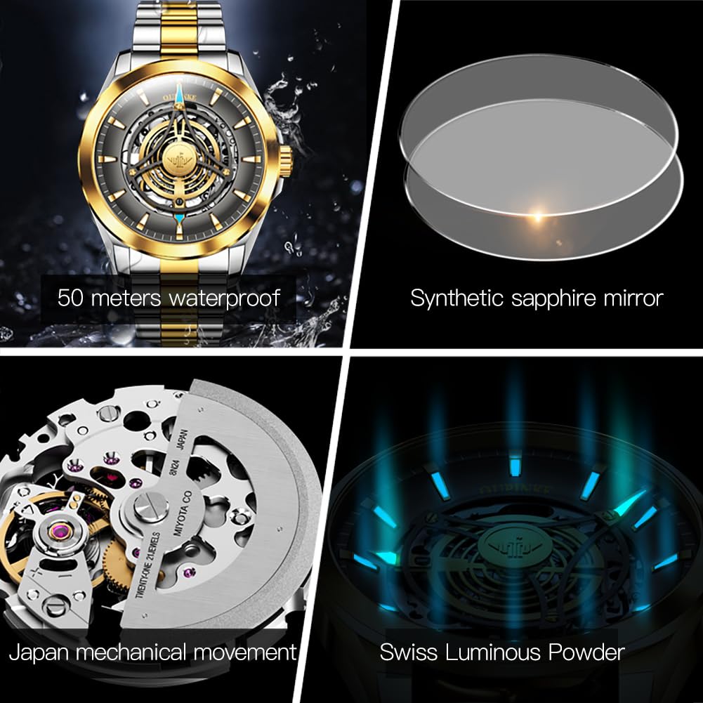 Premium OUINKEE Men's Skeleton Automatic Mechanical Watch - Self-Winding Luxury Dress Watch with Black Tungsten Case, Sapphire Crystal, Luminous Hands & Waterproof Design | Perfect for Business, Formal Events & Everyday Elegance