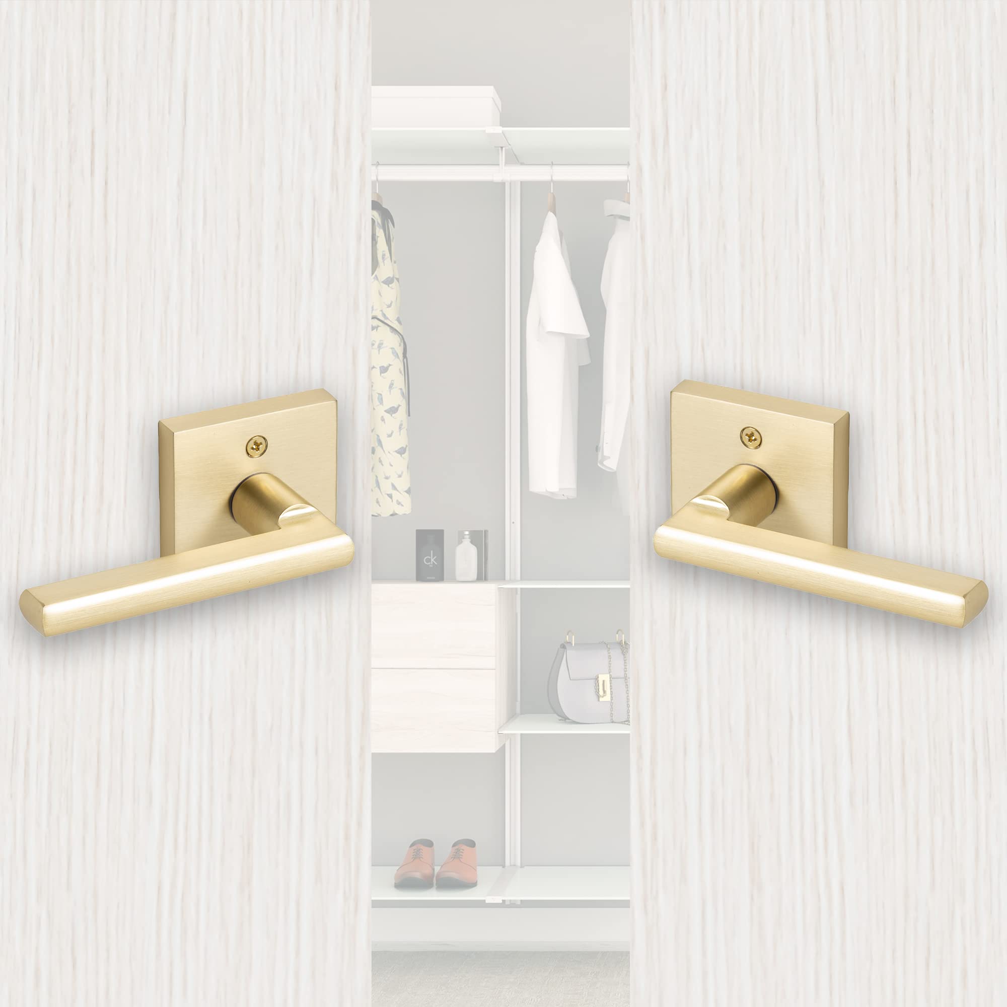 Linkaa Satin Brass Square Dummy Door Handles - Gold Lever Interior for Closet & French Doors (2 Handles, 1 Pack) - Perfect for Bedroom, Bathroom & Cabinet Doors