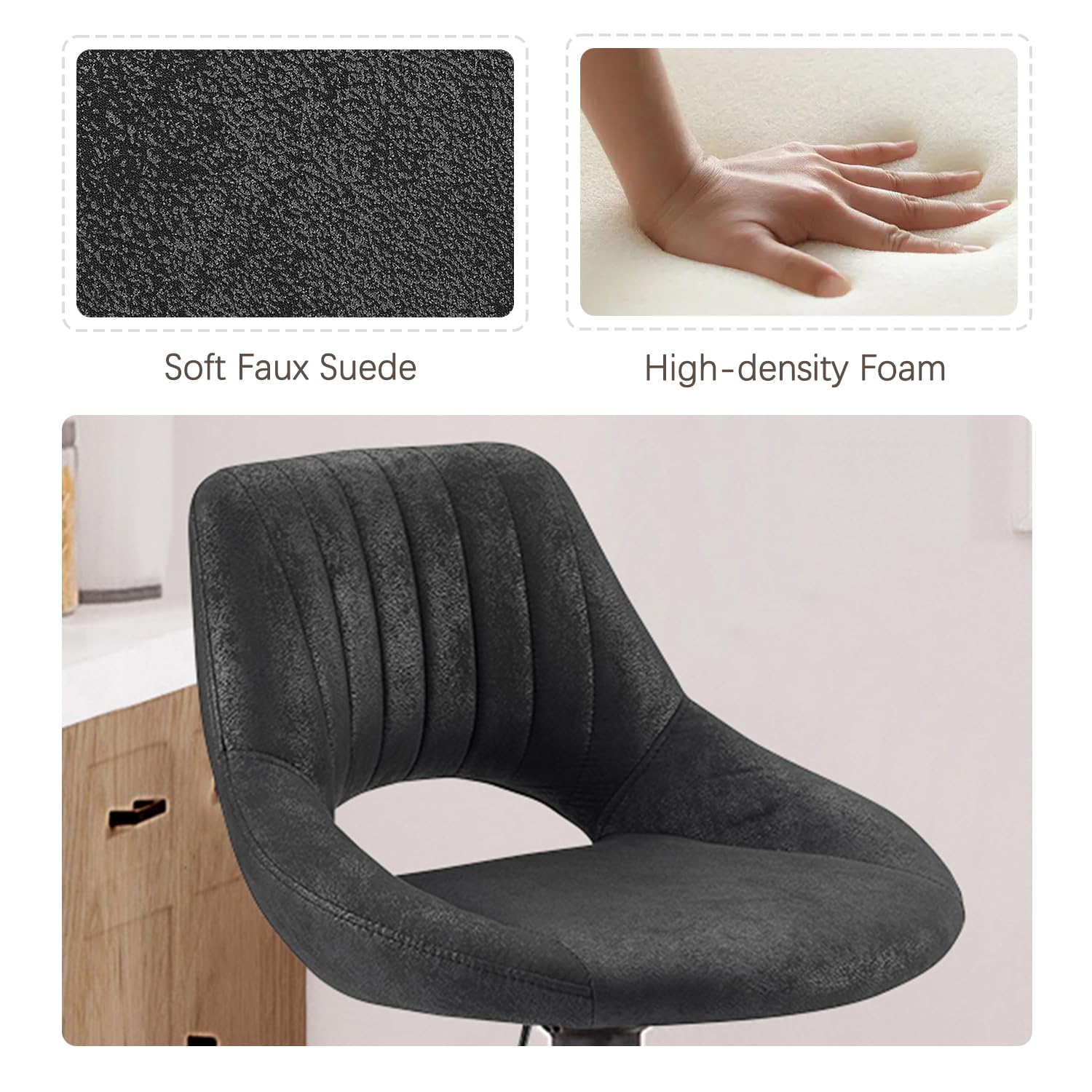 **Zouron Adjustable Swivel Bar Stools Set of 4 - Vintage Faux Suede Upholstered Counter Height Bar Chairs with Back - Perfect for Kitchen Island, Breakfast Nook & Home Bar - Black**