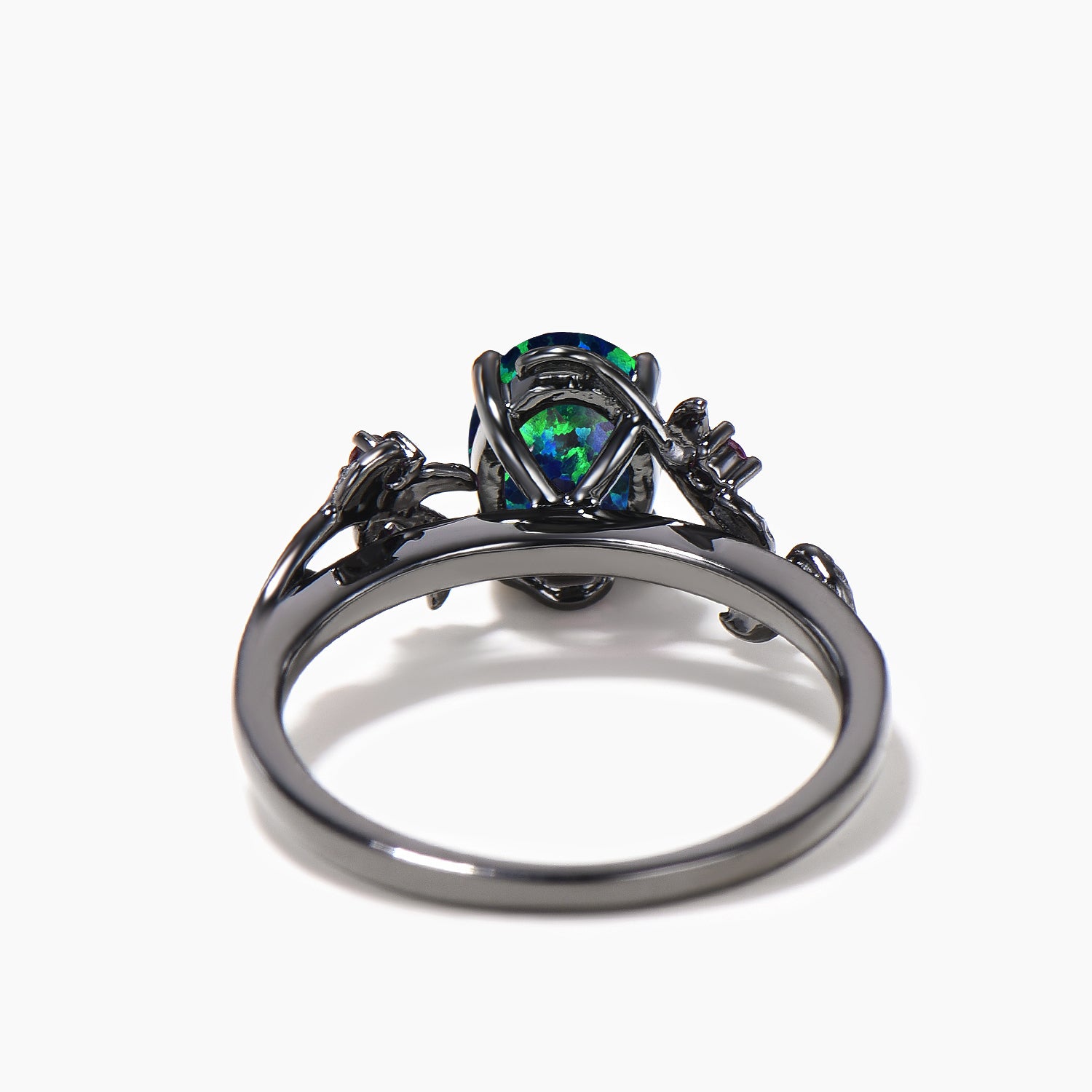 Oval Cut Black Opal Engagement Ring with Ruby Leaves in Black Gold - Nature Inspired Wedding Band for Women, Perfect for Proposals, Anniversaries & Romantic Occasions