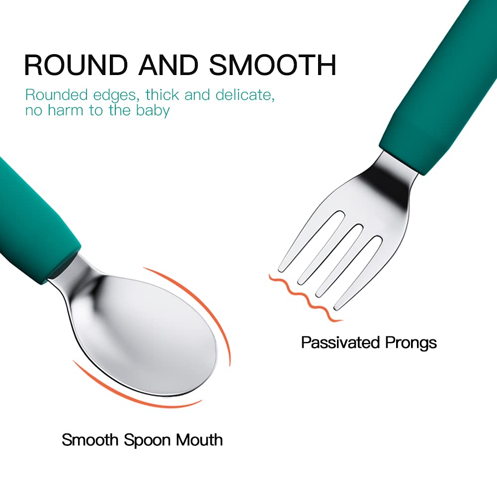 **Baby Training Forks and Spoons Set - Self Feeding Toddler Utensils - BPA-Free Silicone & Stainless Steel Kids Silverware - Green Dinosaur Design (Long Handle) - Perfect for Baby-Led Weaning & Early Mealtime Independence**