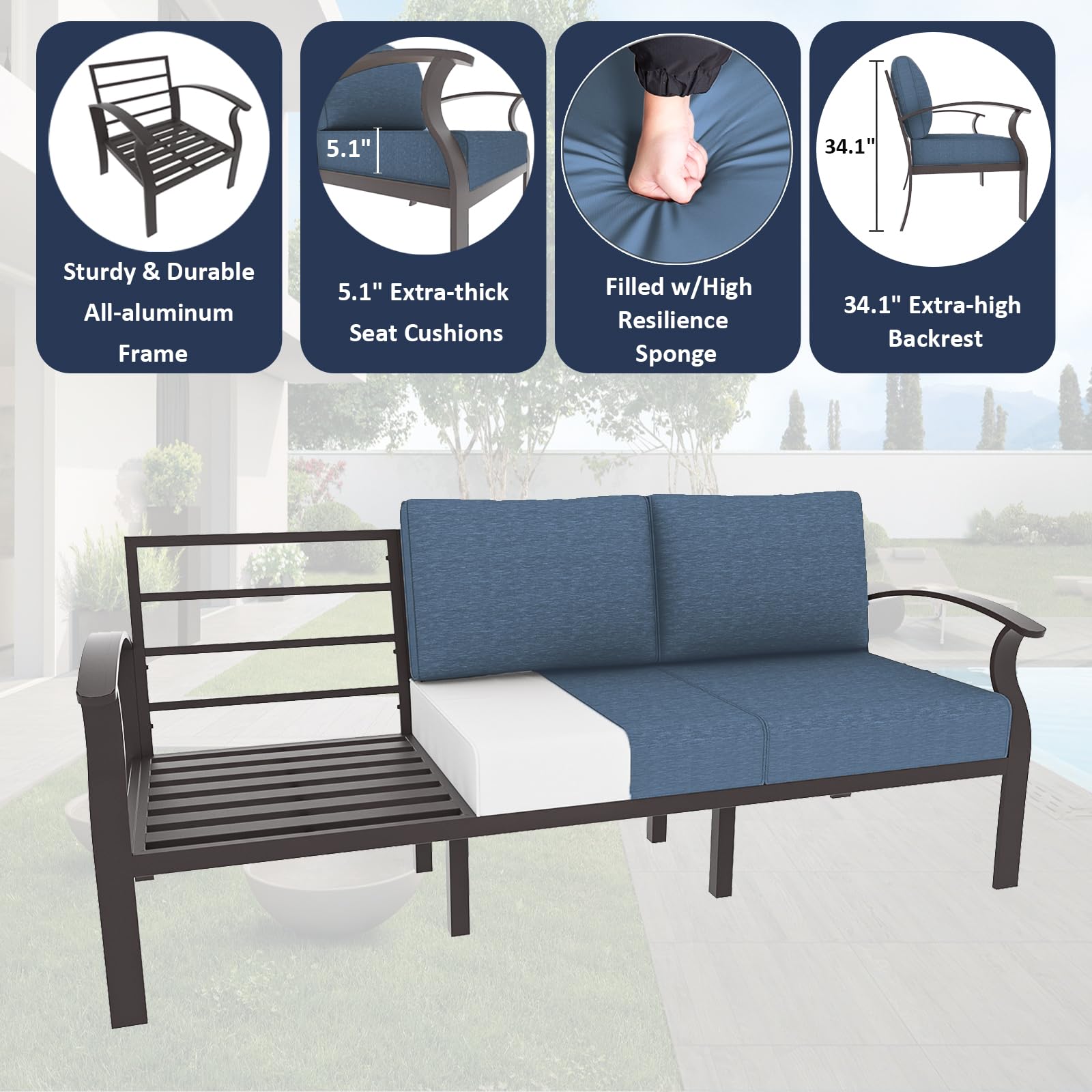 ALAULM 9-Piece Aluminum Outdoor Patio Furniture Set with Propane Fire Pit Table - Dark Blue Metal Sectional Sofa with 5.1