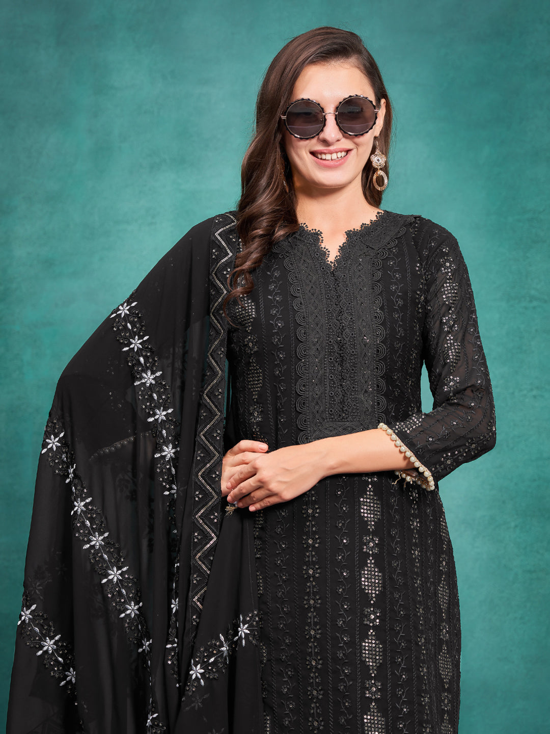 Elegant Black Georgette Pant Suit with Intricate Embroidery - Designer Women's Formal Wear for Weddings, Parties & Office Events