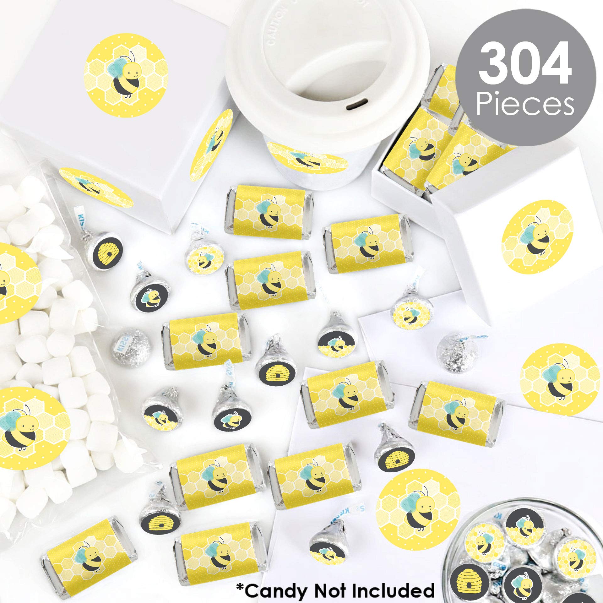 Big Dot of Happiness Honey Bee Mini Candy Bar Wrappers & Round Stickers - 304pcs Baby Shower Birthday Party Favors Kit - Perfect for DIY Candy Decorations, Bee-Themed Celebrations & Sweet Table Displays