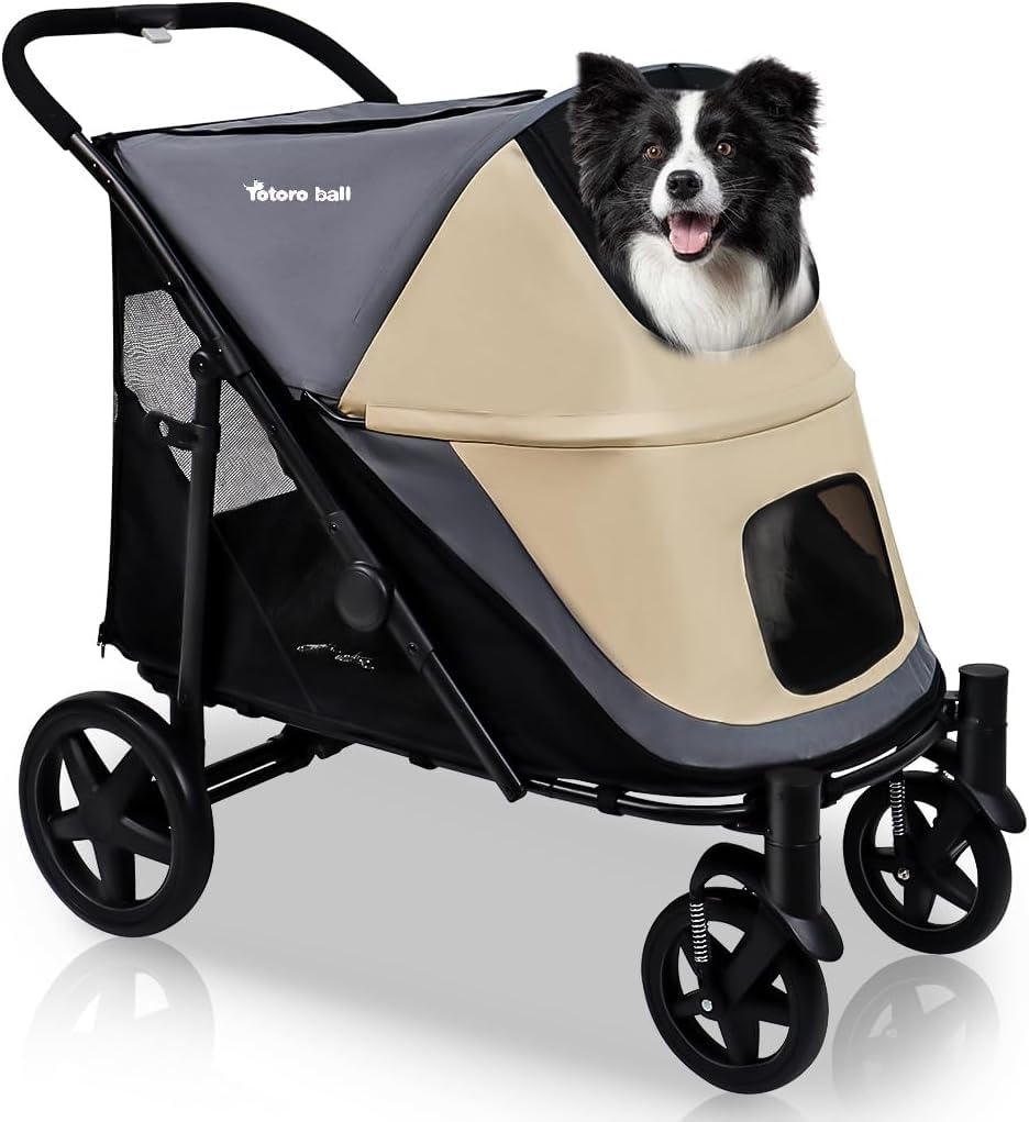 One-Click Folding Dog Stroller for 2 Dogs - 4 Wheel Jogger with Storage Pocket - Heavy Duty Pet Stroller for Dogs Up to 110LBS (Beige & Grey) - Perfect for Park Walks, Vet Visits & Shopping Trips