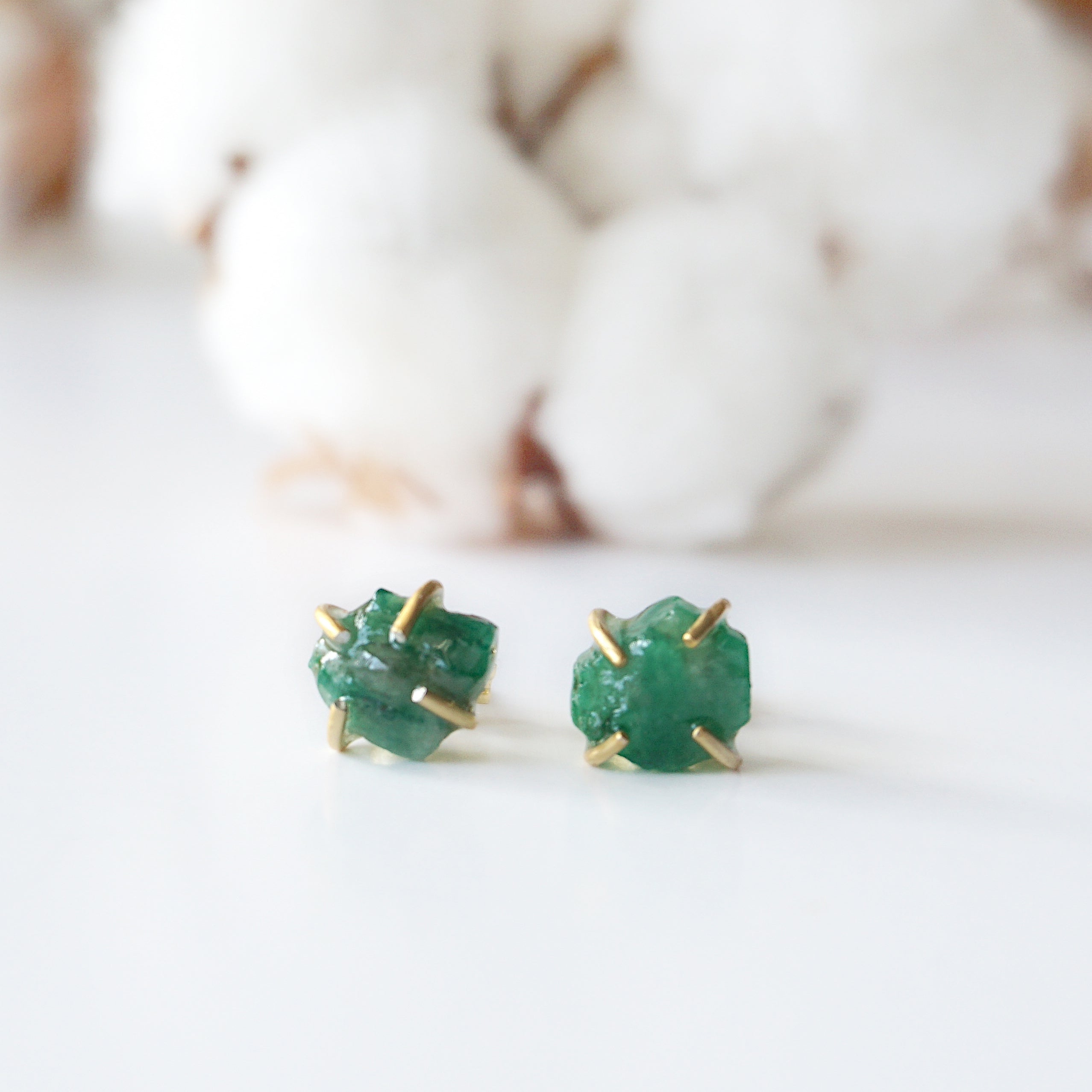 14K Gold Filled Raw Emerald Huggie Stud Earrings - Natural Gemstone Jewelry for Women, Perfect for Everyday Wear & Special Occasions