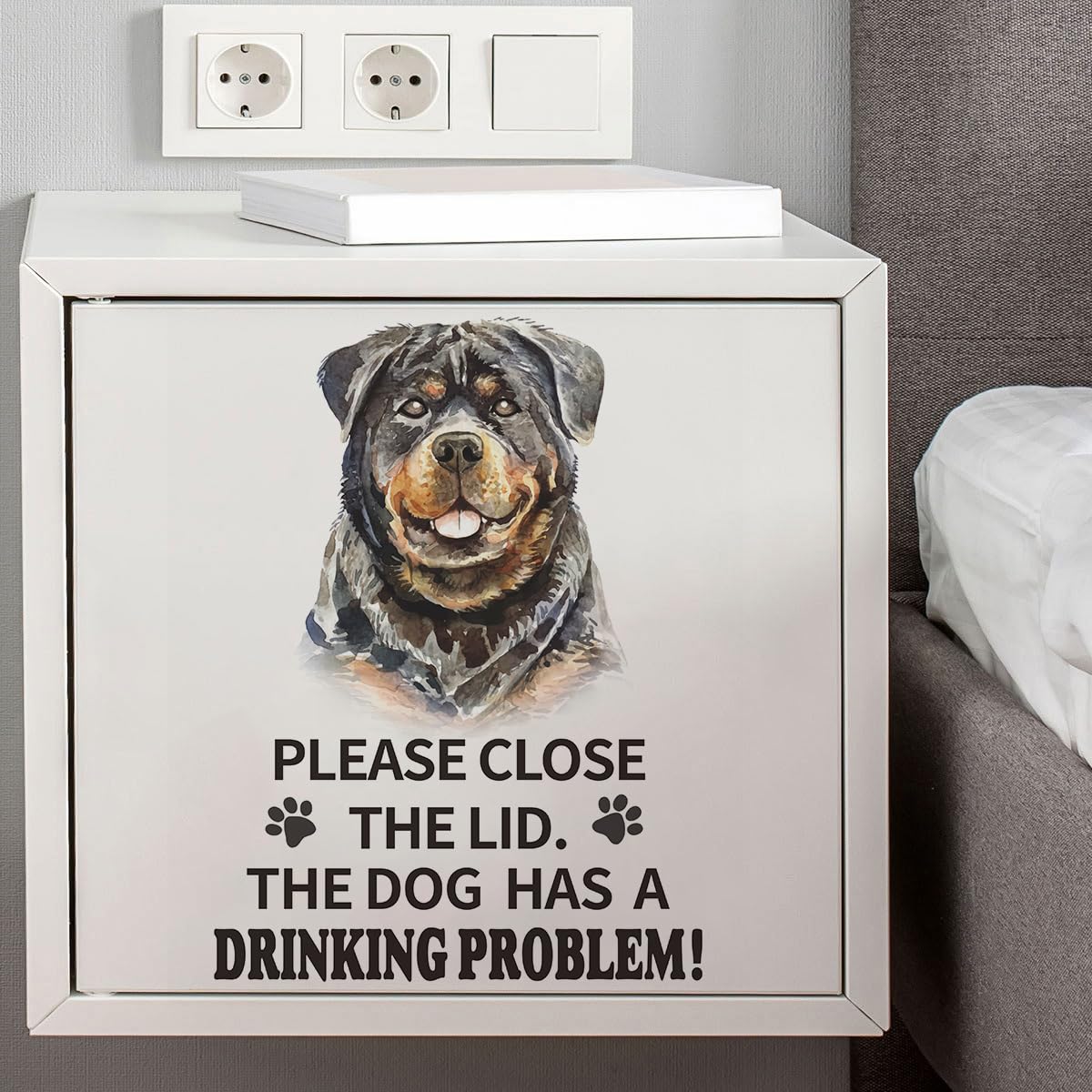 Funny Rottweiler Dog Toilet Seat Cover Decal - 'Please Close The Lid, The Dog Has Drinking Problems' - Humorous Bathroom Decor Vinyl Sticker - Waterproof & Removable - Perfect for Home, Apartment & Office Washrooms