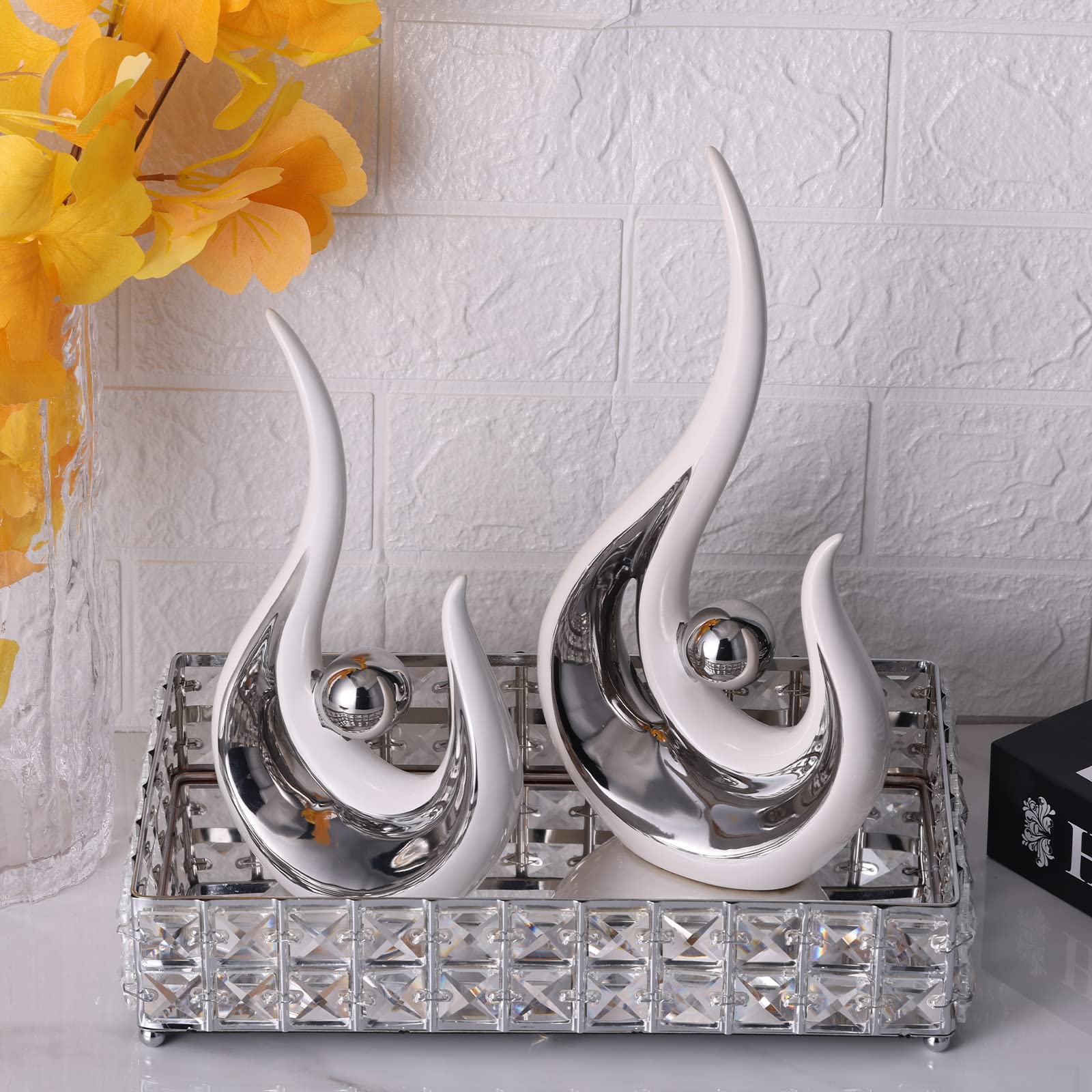 Modern Abstract Art Home Decor Accent - Contemporary Ceramic Sculpture & Silver Knick Knack for Coffee Table, TV Stand, Dining Room Centerpiece - Perfect for Living Room, Office & Modern Interior Design
