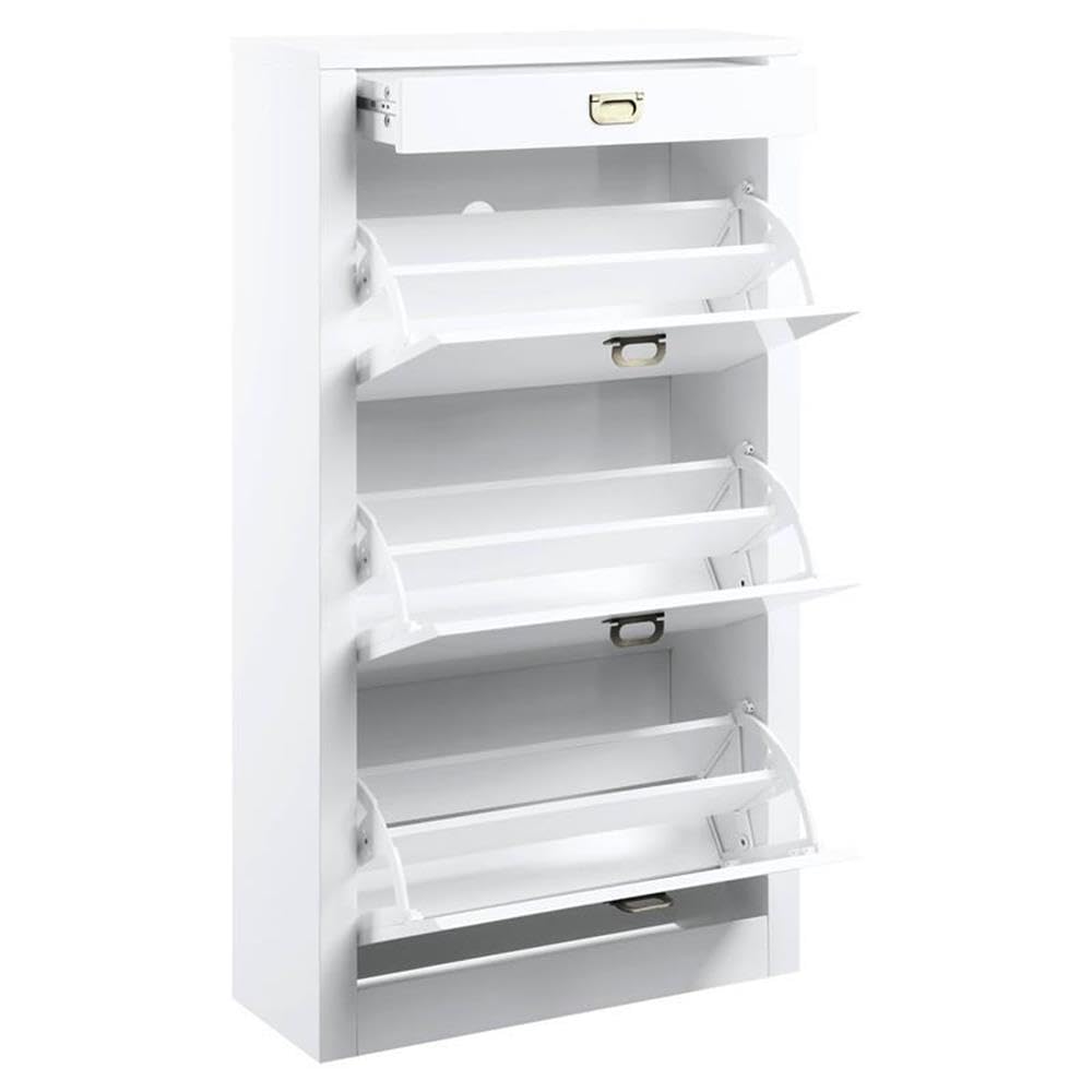 Acme Pagan White High Gloss Wooden Shoe Cabinet with Drawer - Perfect for Entryway, Hallway & Closet Organization