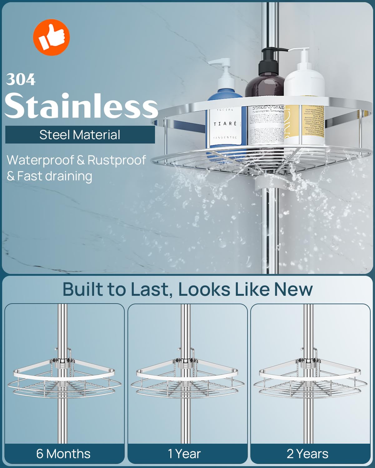 Rustproof Shower Corner Caddy Organizer - 4 Adjustable Shelves with Tension Pole (39.2-113 Inch Height) - Bathroom Storage for Shampoo, Conditioner & Bath Accessories - Perfect for Bathtub, Shower Stall & Spa Organization