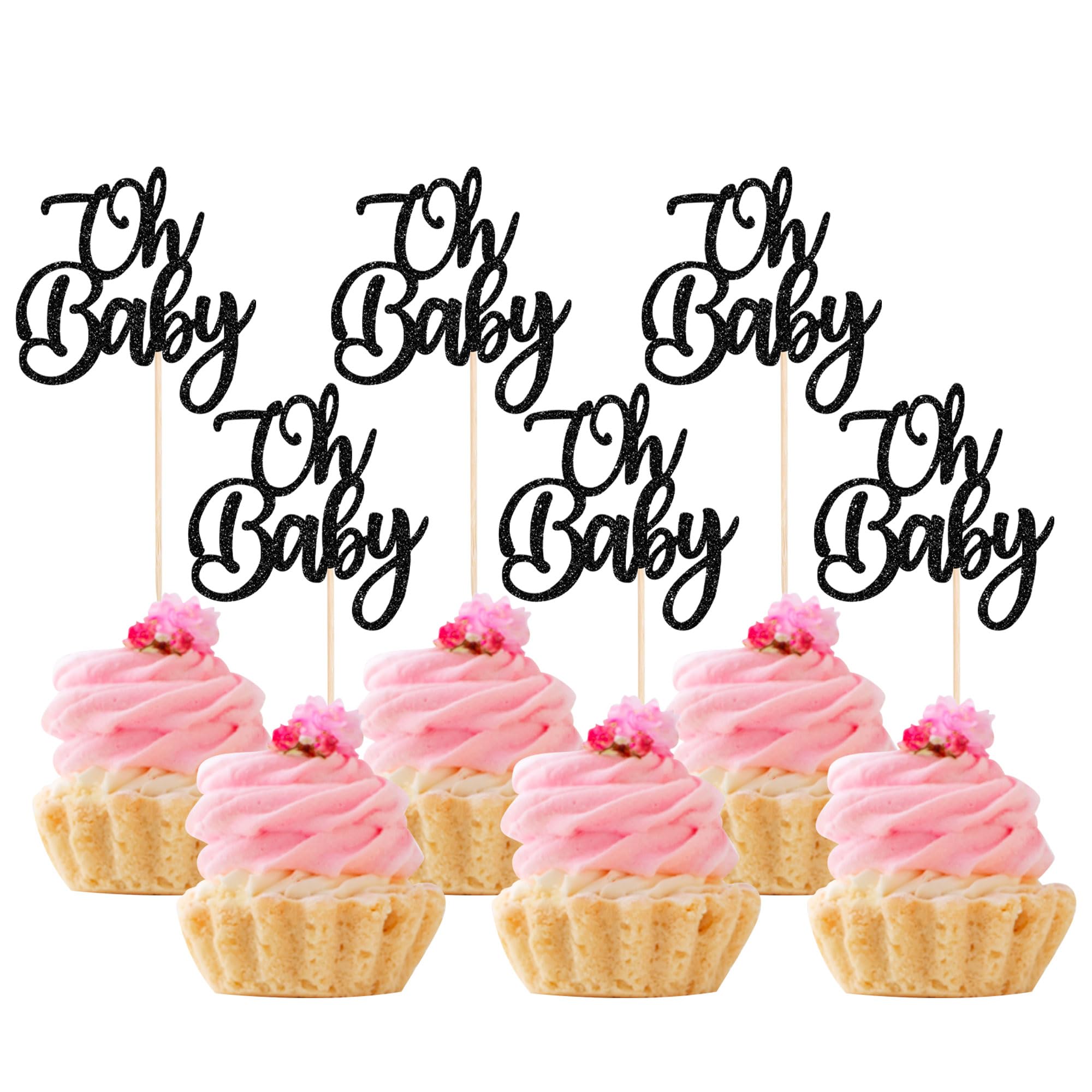 24 Pack Oh Baby Glitter Cupcake Toppers - Baby Shower, Baptism & Birthday Party Cake Decorations for Boys & Girls - Food Safe Toothpicks - Perfect for Gender Reveal, 1st Birthday & Nursery Themed Celebrations