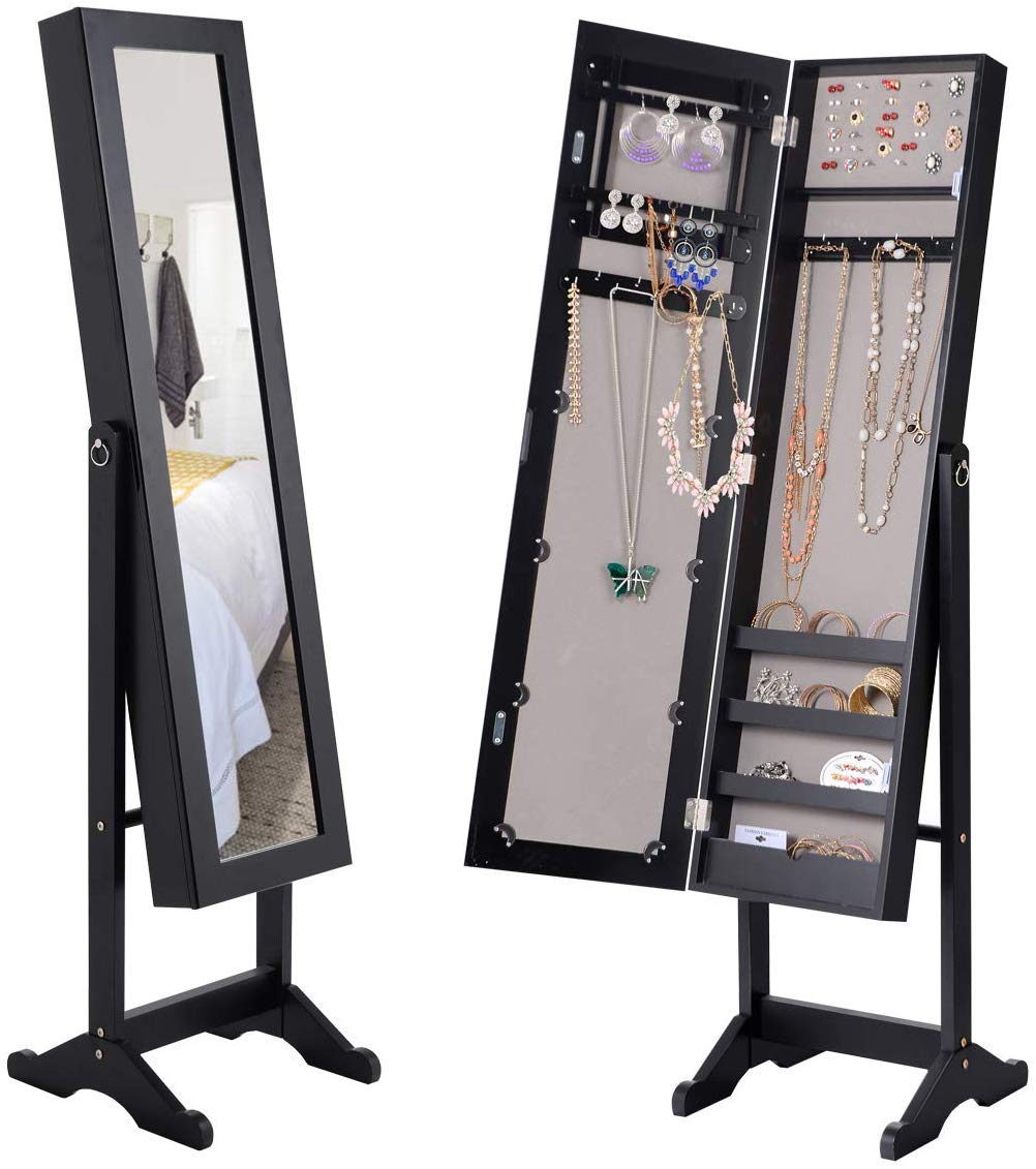 HOMGX Wooden Standing Jewelry Cabinet with Mirror - Jewelry Armoire Organizer for Necklaces, Rings & Earrings - Elegant Black Storage for Bedroom, Closet & Dressing Room