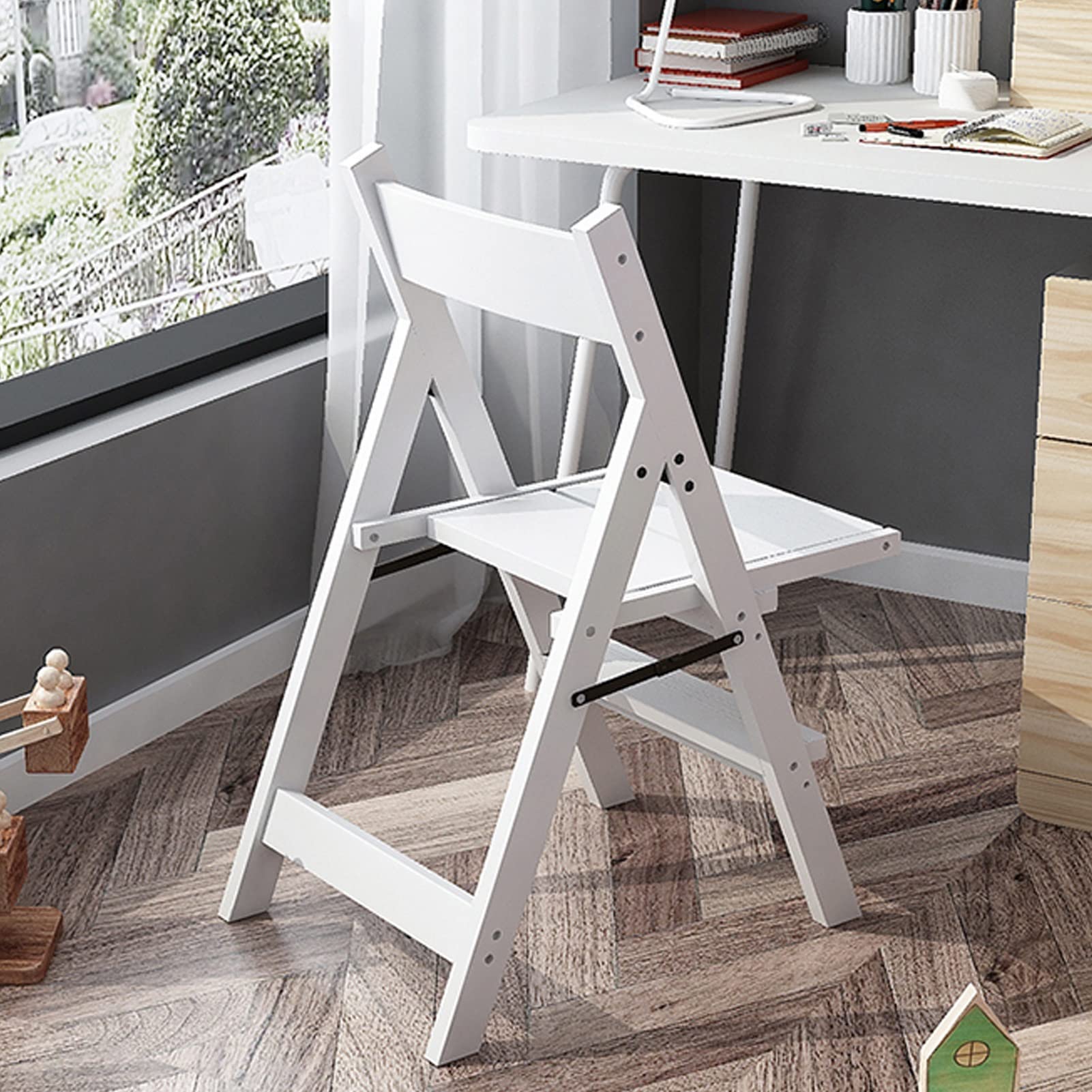 4-Step Folding Wooden Step Stool - Portable Ladder Chair for Home, Kitchen, Office & Library - Compact Foldable Stool for Easy Storage & Safe Climbing