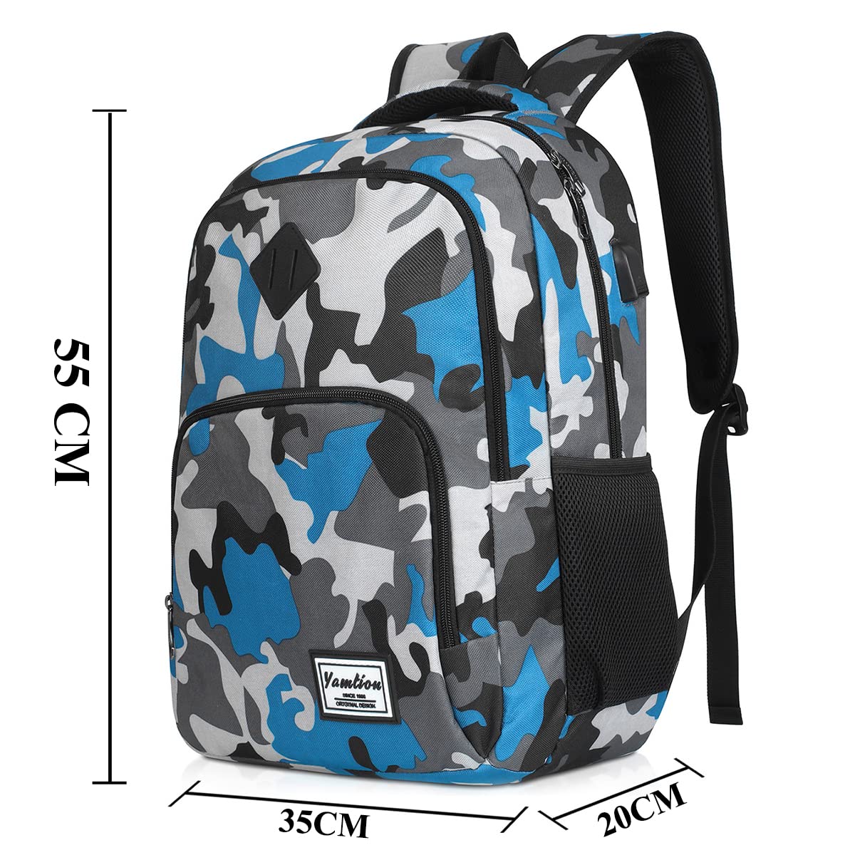 17 Inch School Backpack for Teen Boys & College Students - Durable Bookbag with USB Charging Port & Camouflage Blue Design - Perfect for High School, College, Travel & Daily Commute