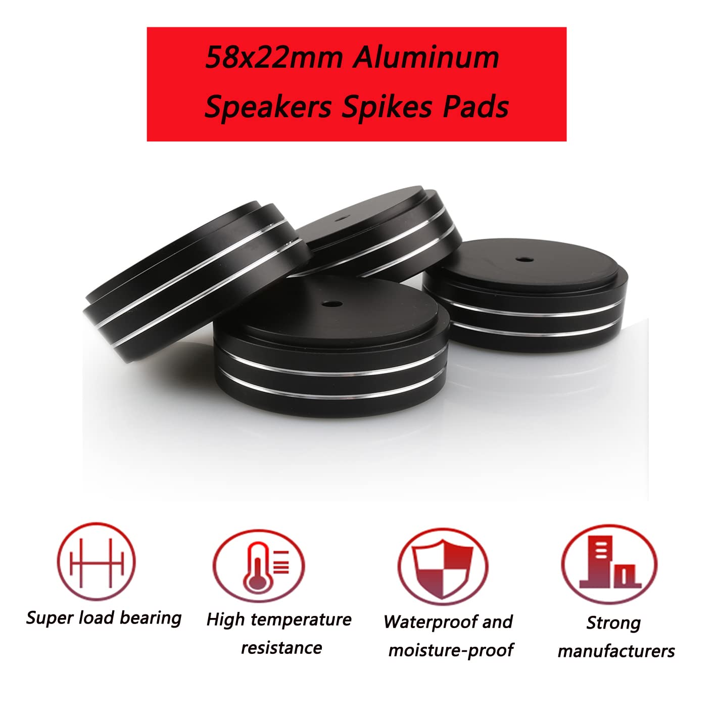 Tertullus 4 Pcs HiFi Speaker Feet - 58x22mm Aluminum Speaker Spikes & Isolation Pads for Amplifier, Turntable, Audio Player - Enhance Sound Quality for Home Theater & Studio Setup