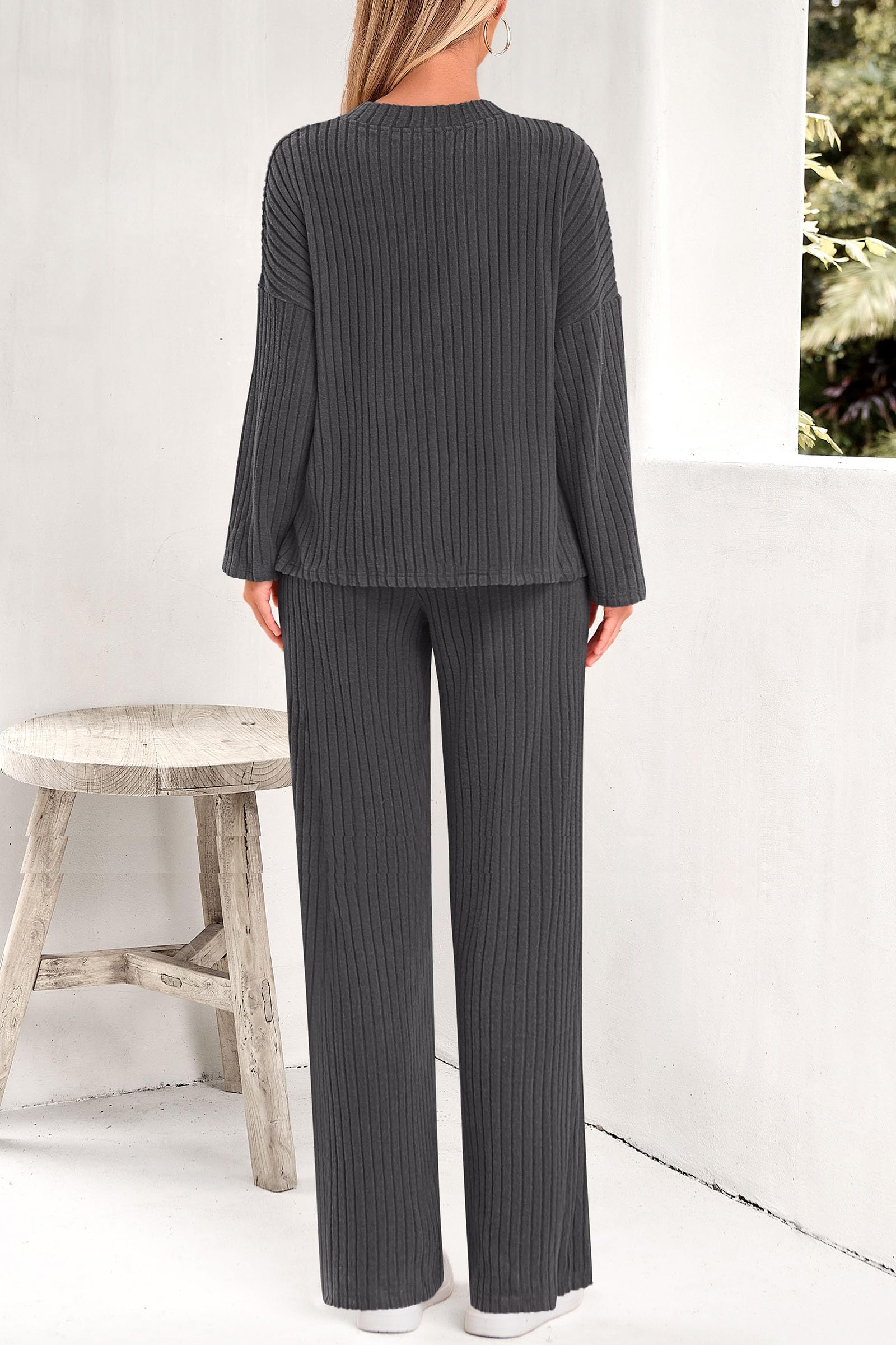 PRETTYGARDEN Women's 2 Piece Lounge Set - Soft Ribbed Knit Long Sleeve V-Neck Top & Wide Leg Pants Comfy Outfit for Spring Fall | Cozy Home Wear, Casual Street Style, Relaxing Weekend Outfits
