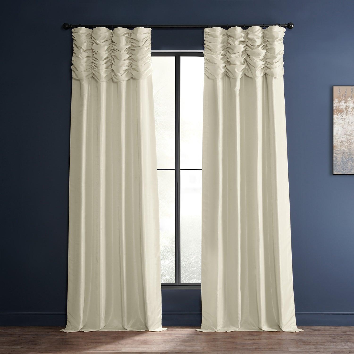 Off White Ruched Vintage Textured Faux Dupioni Silk Curtains - Elegant Window Drapes for Living Room, Bedroom & Home Decor