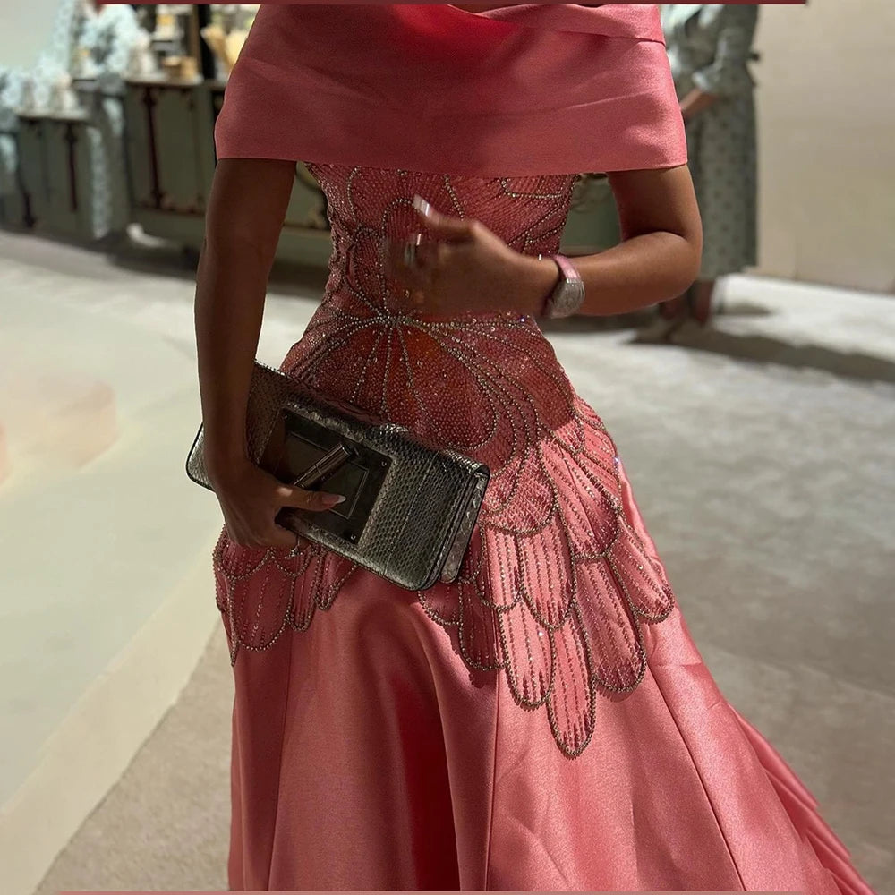 Luxury Dubai Arabic Pink A-Line Satin Beaded Saudi Evening Dress Gown for Women - Formal Occasion Wedding Party LA72195A | Elegant Islamic Abaya for Special Events & Celebrations