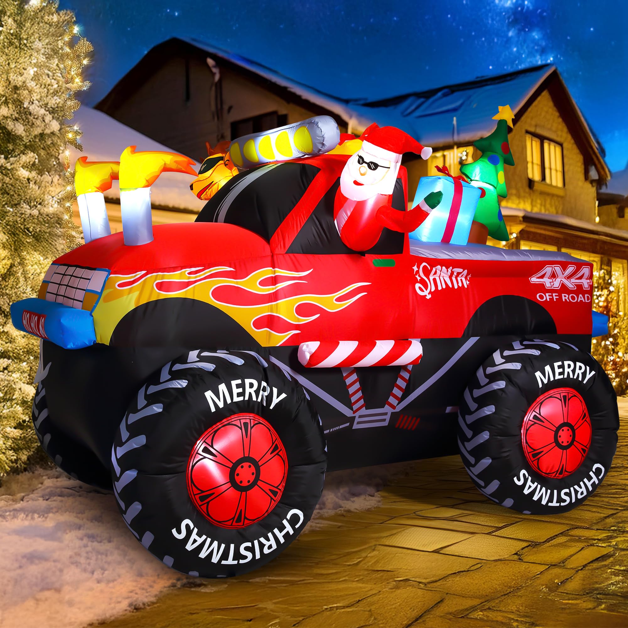8.5 FT Santa Driving Monster Truck Christmas Inflatable Outdoor Decor - Giant Blow Up Santa Claus Yard Decoration for Garden, Lawn & Holiday Party Decorations | Perfect for Xmas Light Displays & Neighborhood Decorating Contests