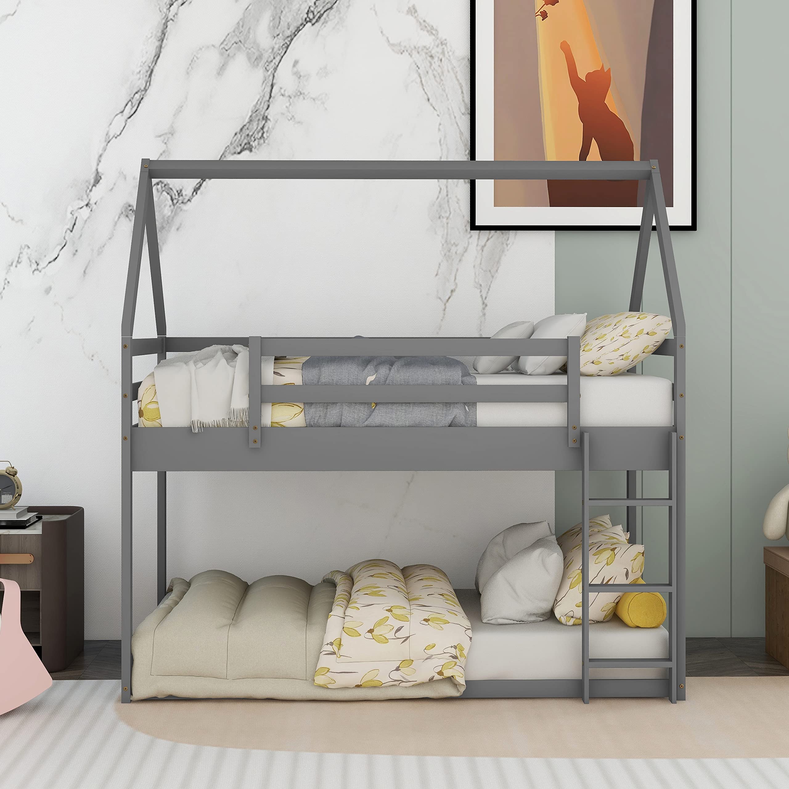 Wooden House Bunk Bed Twin Over Twin with Ladder - Kids Bunk Bed Frame for Boys & Girls, Toddler to Teens - Grey | Space-Saving Loft Bed for Small Bedrooms & Shared Kids Rooms