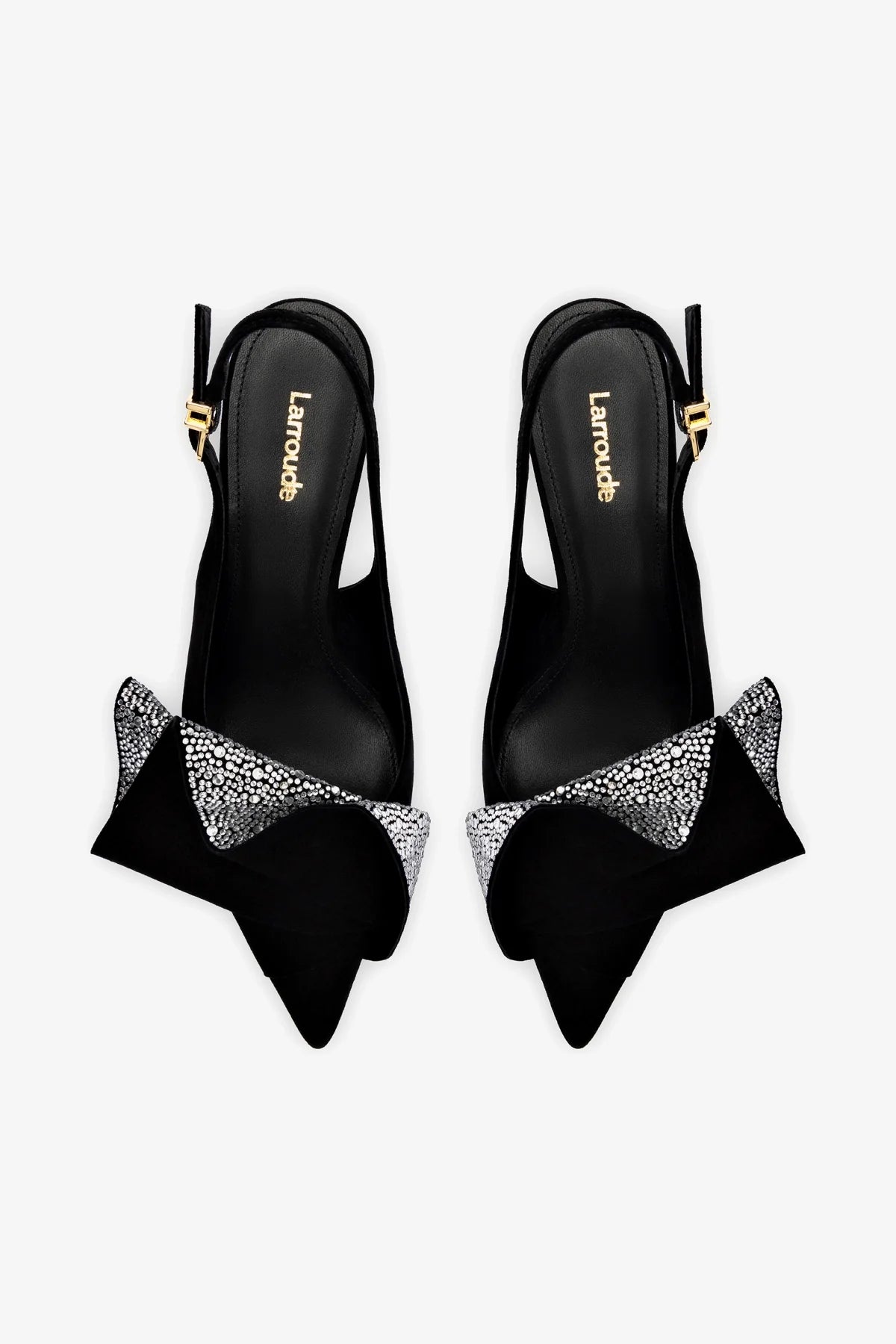 Black Suede Loulou Ruffle Pump with Crystal Embellishments - Elegant Women's Heels for Parties, Weddings & Special Occasions