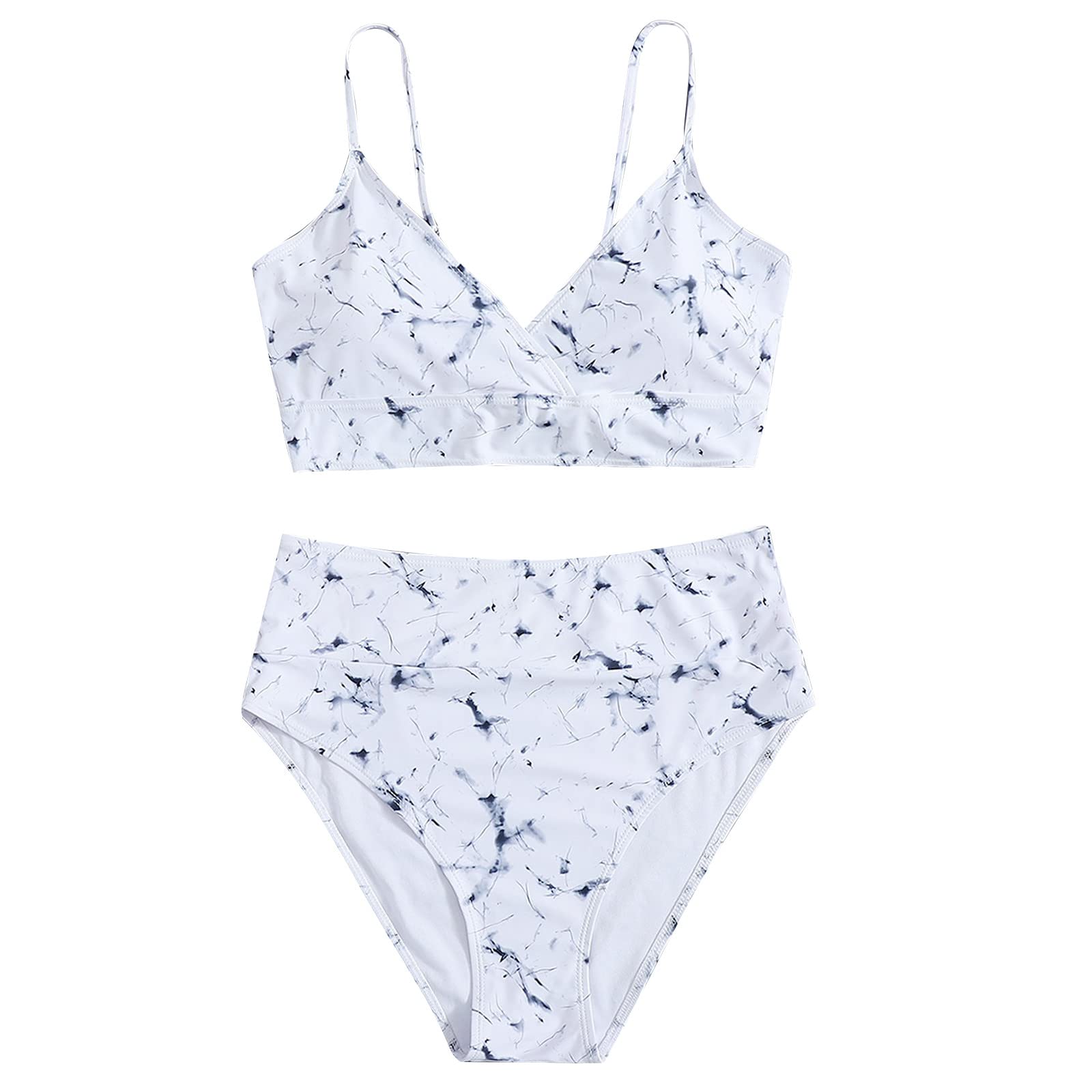 tobchonp Women's Triangle Bikini Set - Smocked Textured Scoop Neck Frilled Print Ruched Elastic Swimsuit | Two Piece Summer Bathing Suit for Beach, Pool & Vacation