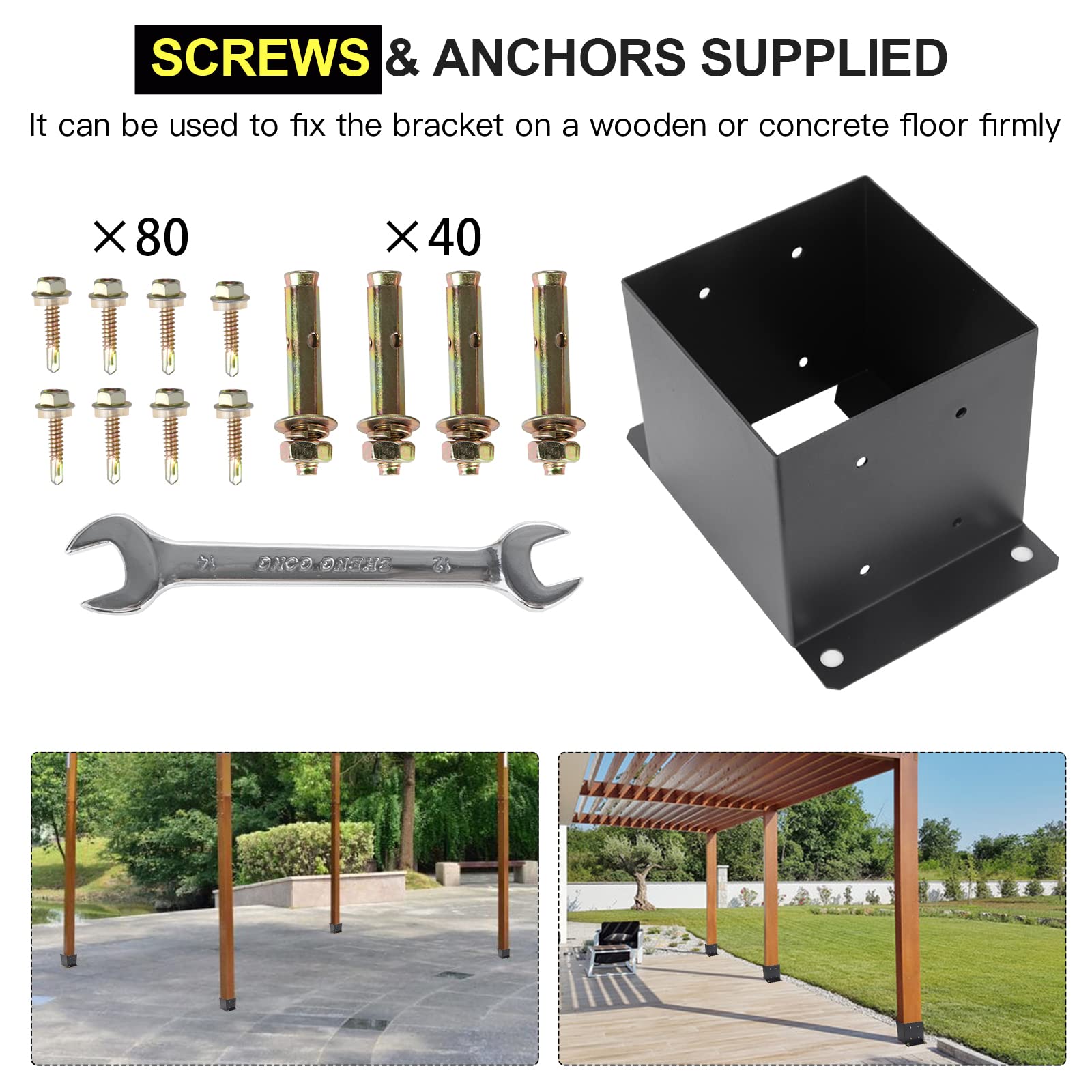 6X6 Heavy Duty Metal Post Base Bracket - 10PCS Black Powder Coated Deck Support with 5.6