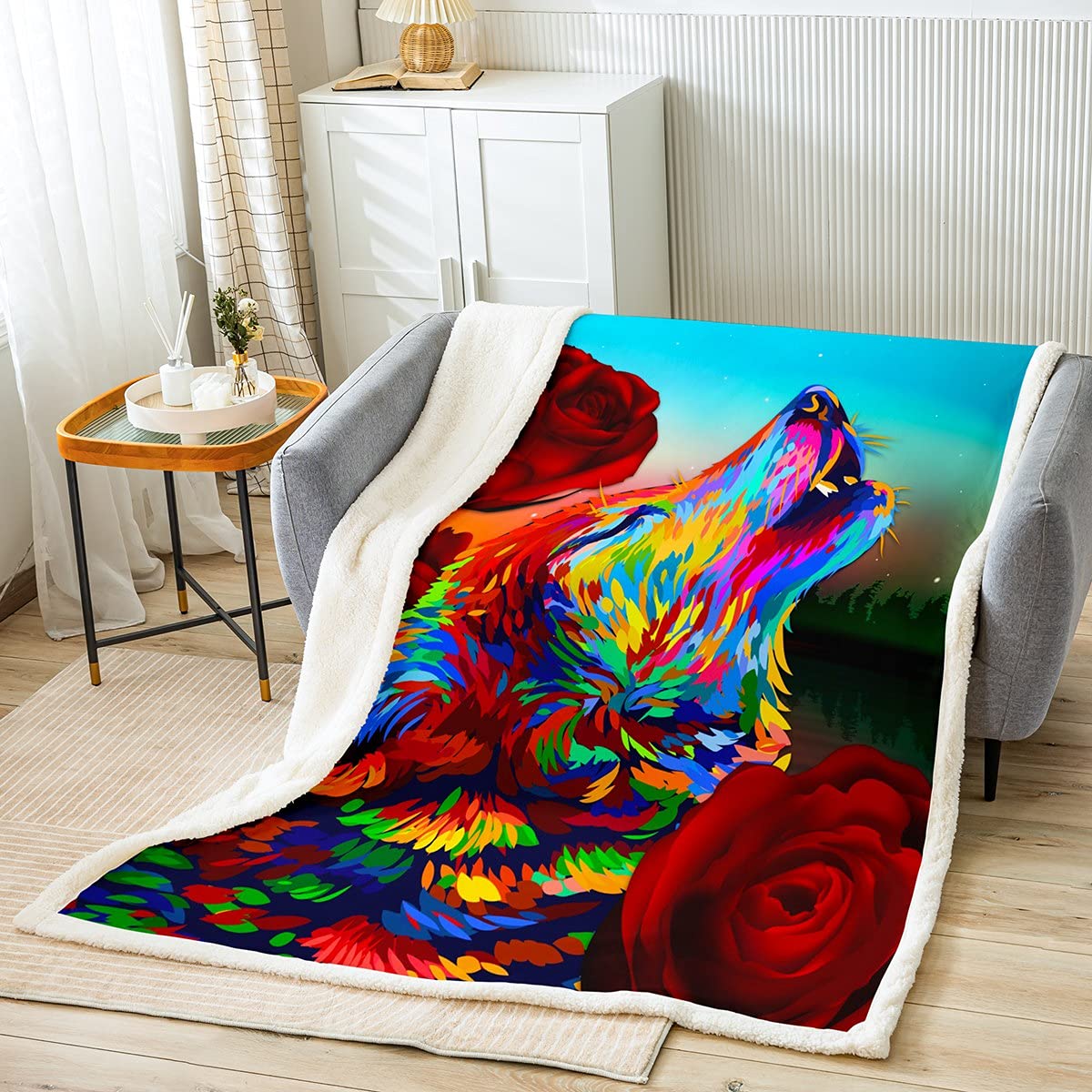 Soft Wolf Sherpa Fleece Blanket 50x60 Inches - Safari Animal Throw with Rose Floral Print for Kids, Girls & Women - Cozy Aurora Fuzzy Blanket for Bed, Sofa, Couch & Home Decor