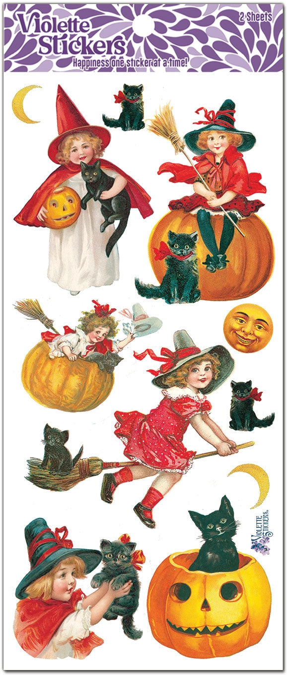 Halloween Cat Stickers for Kids - Spooky Witches & Cats Decals for Party Favors, Scrapbooking & DIY Crafts