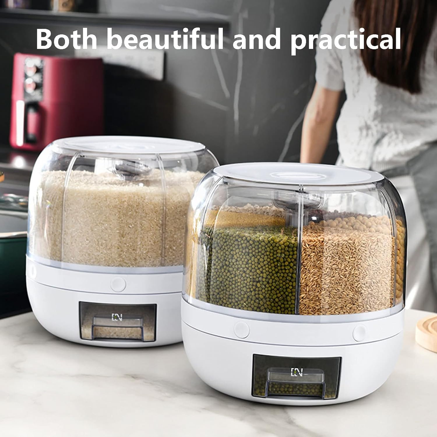 360° Rotating 6-in-1 Cereal Dispenser with Airtight Lid & Measuring Cup - Large Rice Storage Container for Kitchen, Pantry Organization & Bulk Food Storage - Perfect for Cereals, Grains, Pasta, Snacks & Pet Food