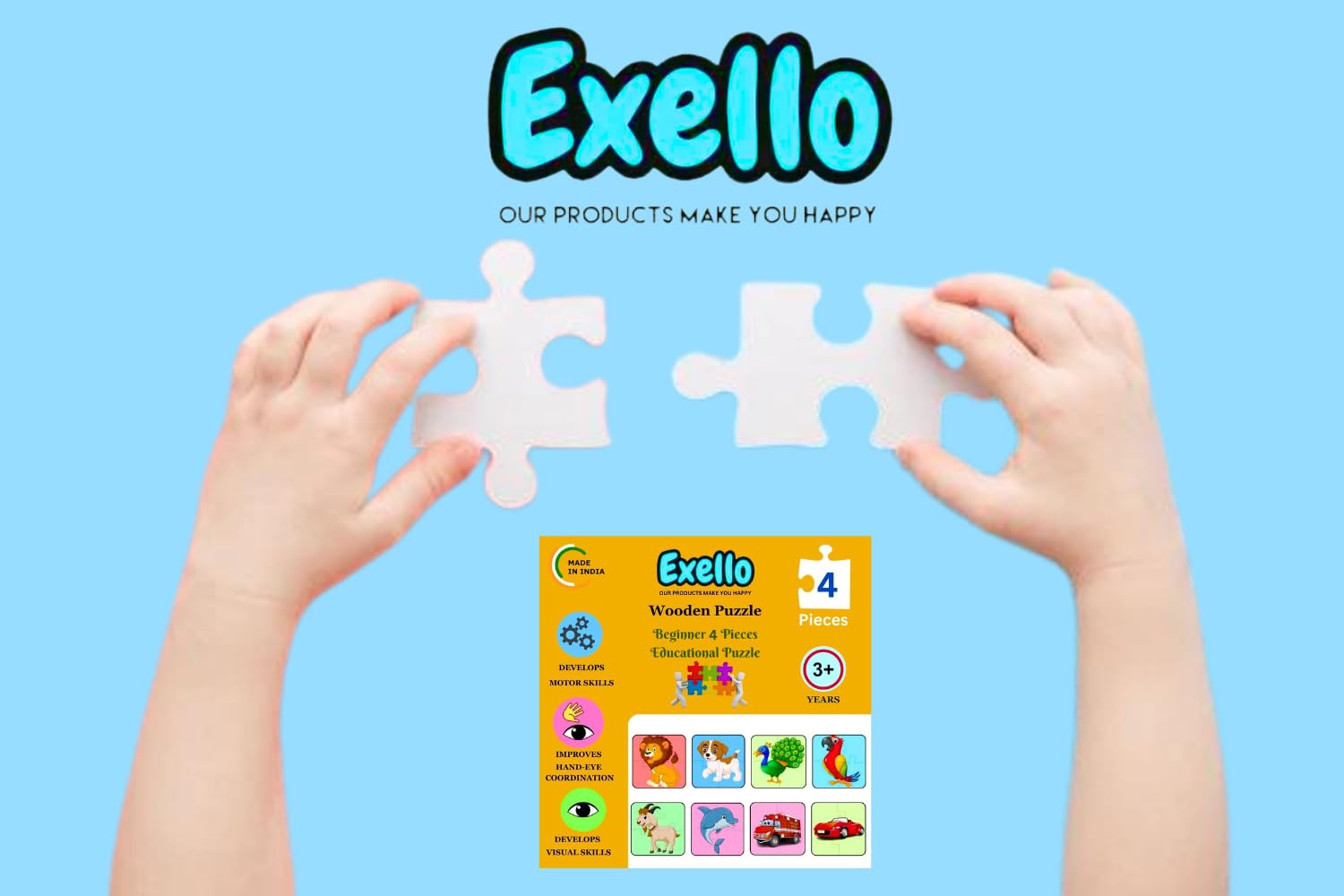 Exello 4-Piece Wooden Puzzle Set for Kids - 8 Pack Animal & Bird Jigsaw Puzzles (4x4 Inch) - Educational Toddler Learning Toys for Preschoolers - Perfect for Birthday Gifts, Classroom Activities & Family Game Night