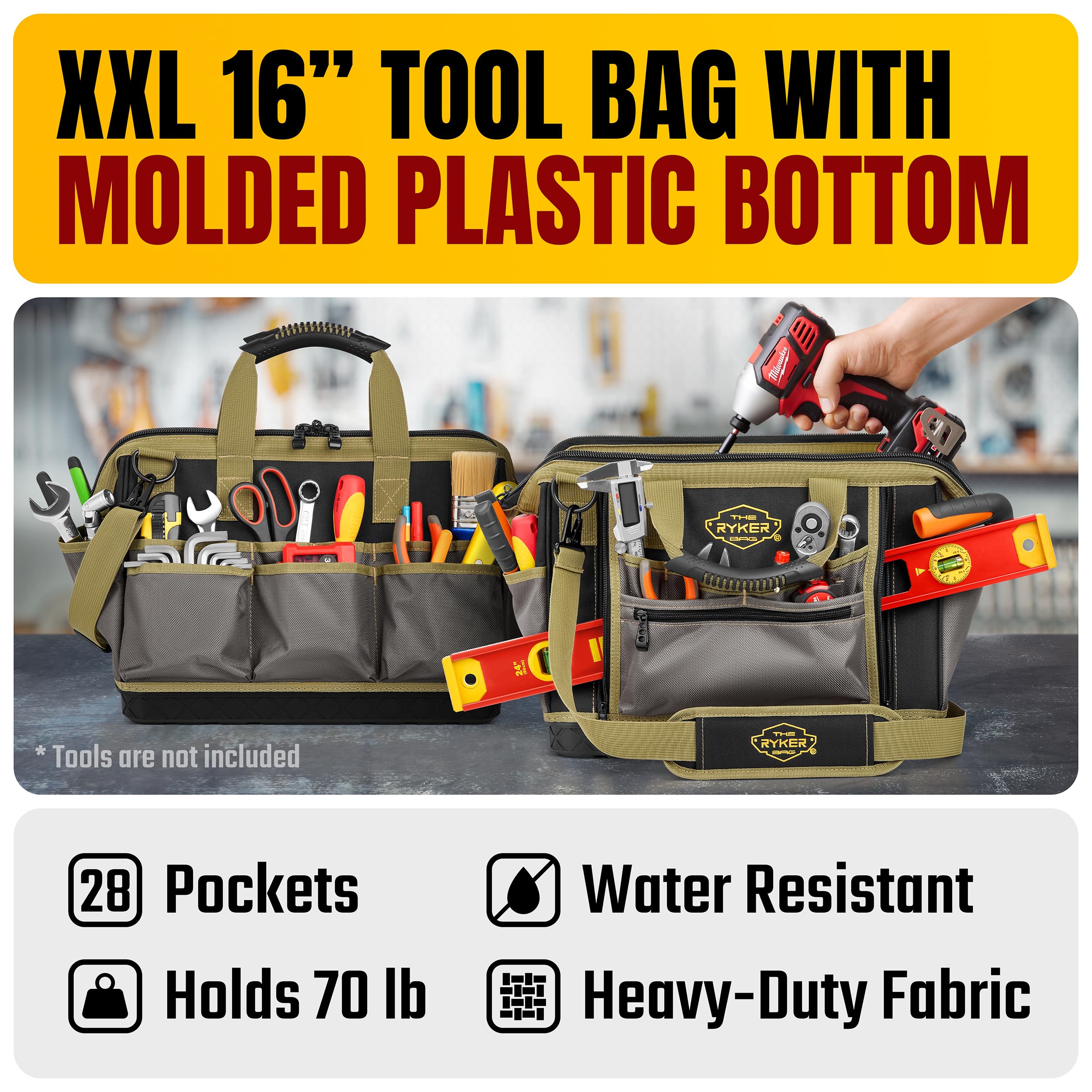 Heavy Duty 16-inch Ryker Tool Bag - 28 Pockets for Electricians & DIY