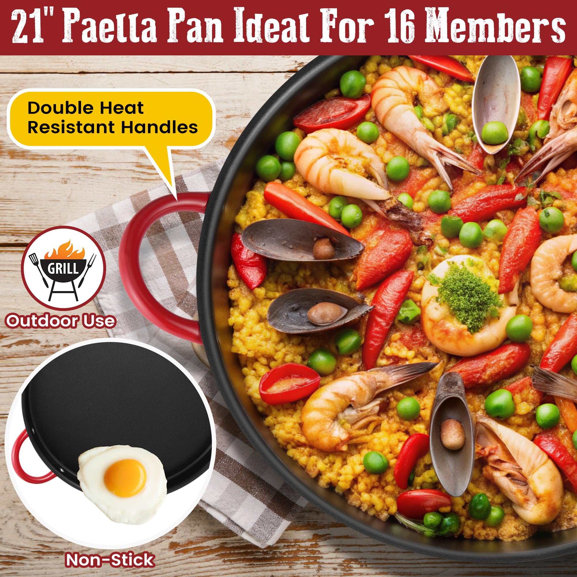 Nonstick Paella Pan Set with Stainless Steel Burner & Stand - 21 Inch, 16 Servings - Includes Propane Burner Head, Carry Bag, Wok Spatula & Foldable Brackets - Perfect for Outdoor Cooking, Parties & Spanish Cuisine