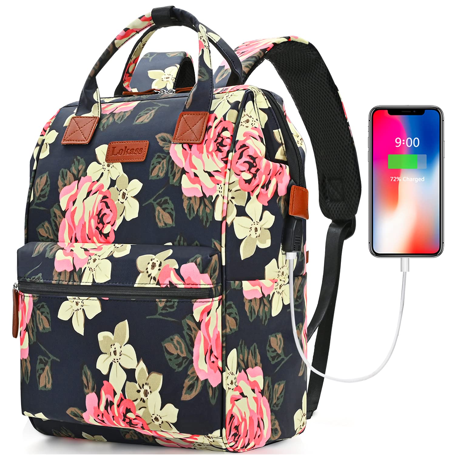 BRINCH 15.6 Inch Laptop Backpack for Women - Water Resistant Wide Open College Rucksack with USB Charging Port, Multipurpose Daypack for Business Travel, School, and Daily Use